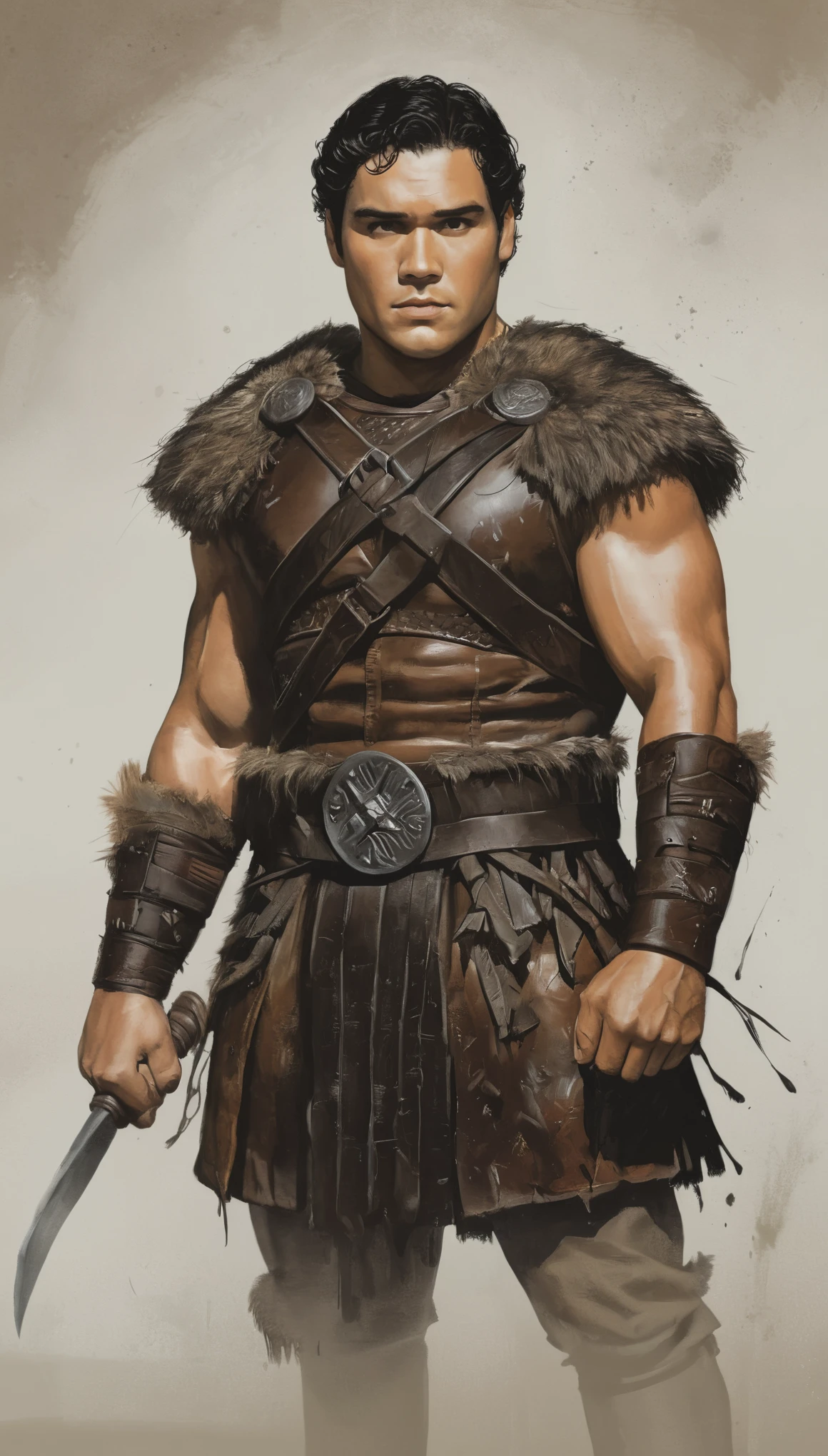 An illustrated movie poster, hand-drawn, full color, a giant barbarian, 21 years-old, wearing a leather harness, resembles Dean Cain, sun-tanned skin, stocky physique, extremely tall, chubby, robust, deep brown eyes, wide bulbous nose, black hair, curly hair, thick bushy eyebrows, scruffy beard, extremely hairy chest, stomach, and arms, lots of body hair, posing in a misty grove, hard shadows, graphite shading, stencil markings, airbrushed acrylic paint, masterpiece, in the style of Game of Thrones