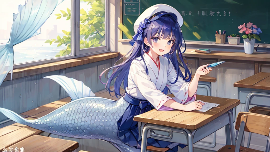 (Mermaid) girl,scales pattern hakama,Taisho Romance,
girl,fish cap,laugh,school desk,