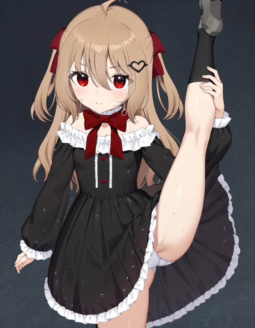 1girl, evil neuro-sama, (yuzu modoki), red eyes, light brown hair, ahoge, two side up, hair ribbon, dark red ribbon, heart hair ornament, black dress, frilled dress, off-shoulder dress, bare shoulders, frilled choker, long sleeves, red bow, red buttons, black heart, black socks, frilled socks, grey footwear, loafers, (masterpiece, best quality), highly detailed, finely detailed, wet, looking at viewer, see-through dress, covered nipples, underwear, cleavage, collarbone, simple background, stomach, split, standing split, standing on one leg, dress lift, from above,