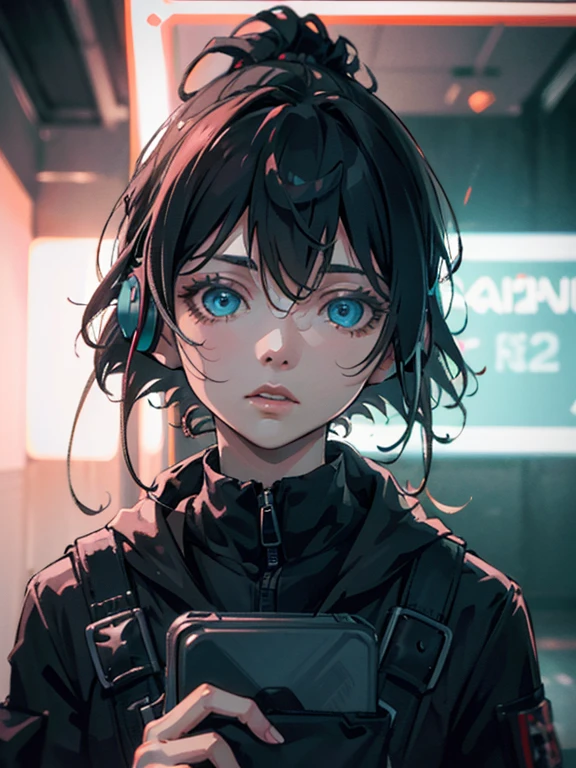 Movie-like portrait photography、octane rendering、8k、1 girl、Calm、(pay attention to realistic details、natural skin texture、realistic facial details)、soft and dramatic lighting、written boundary depth、Bokeh、vivid details、finely、surreal、100mm film、hazy blur、movie、cyber punk、Neon Letter Sign、beautiful cyber punk woman、inner hair coloring、please wear headphones、Storm Suit、dynamic composition、wide angle photo