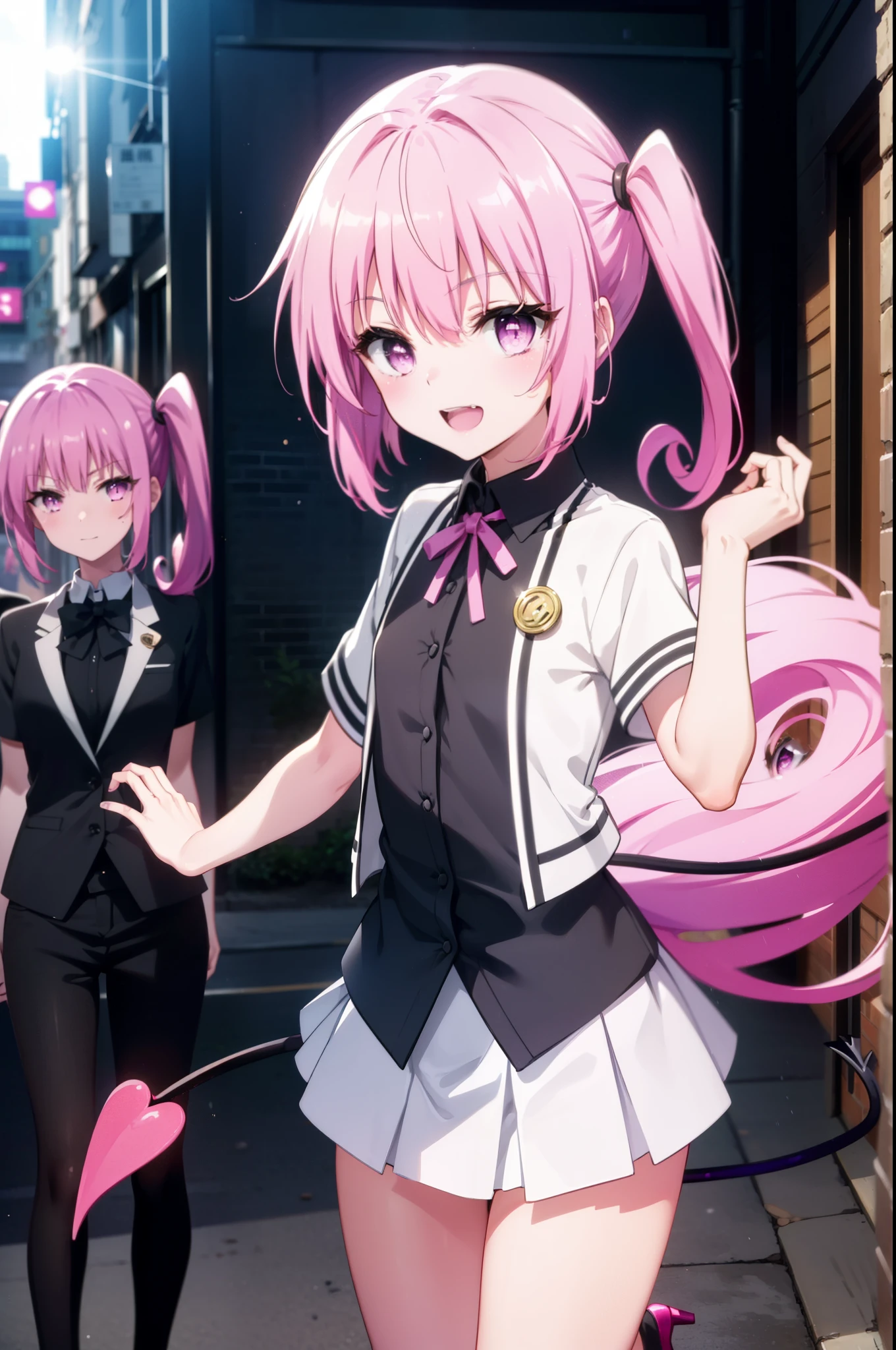 Nana Devil,  That Deviluke, tooth, Long Hair, (Pink Eyes:1.5), Pink Hair, tail, twintails, (Flat Chest:1.2),tail,happy smile, smile, Open your mouth,
break demon tail,  Short sleeve,OL, 黒のvinegarーツのジャケット, Collared jacket, 白いドレvinegarシャツ, Collared shirt, Neckline, button, vinegar, 黒のペンシルvinegarカート, 黒パンティvinegarトッキング, Stiletto heels,morning,morning陽,The sun is rising,whole bodyがイラvinegarトに入るように,
break outdoors, In town,Building district,
break looking at viewer, whole body,
break (masterpiece:1.2), highest quality, High resolution, unity 8k wallpaper, (figure:0.8), (beautiful detailed eyes:1.6), extremely detailed face, Perfect lighting, extremely detailed CG, (Perfect hands, Perfect Anatomy),