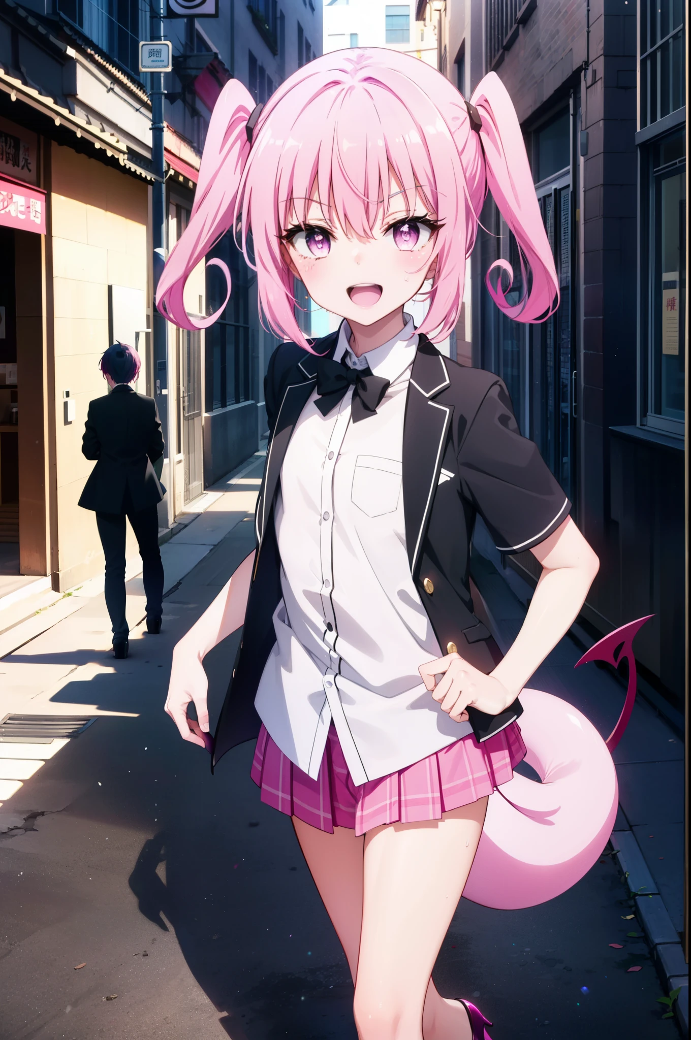 Nana Devil,  That Deviluke, tooth, Long Hair, (Pink Eyes:1.5), Pink Hair, tail, twintails, (Flat Chest:1.2),tail,happy smile, smile, Open your mouth,
break demon tail,  Short sleeve,OL, 黒のvinegarーツのジャケット, Collared jacket, 白いドレvinegarシャツ, Collared shirt, Neckline, button, vinegar, 黒のペンシルvinegarカート, 黒パンティvinegarトッキング, Stiletto heels,morning,morning陽,The sun is rising,whole bodyがイラvinegarトに入るように,
break outdoors, In town,Building district,
break looking at viewer, whole body,
break (masterpiece:1.2), highest quality, High resolution, unity 8k wallpaper, (figure:0.8), (beautiful detailed eyes:1.6), extremely detailed face, Perfect lighting, extremely detailed CG, (Perfect hands, Perfect Anatomy),