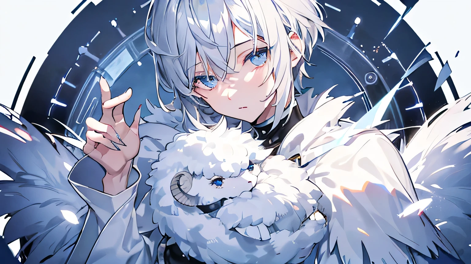 male Gray Hair blue eyes Very short hair Fluffy hair like a sheep one person coat slacks sweater Grape nice masterpiece Best image quality Noise Reduction Transparent parts Shadows in the movie Increased eye appeal Transparent parts the shine of the eyes Draw eyelashes neatly Perfect Eyes Fine grain Sharpen image quality Write with a sharp eye Transparent parts eye shape