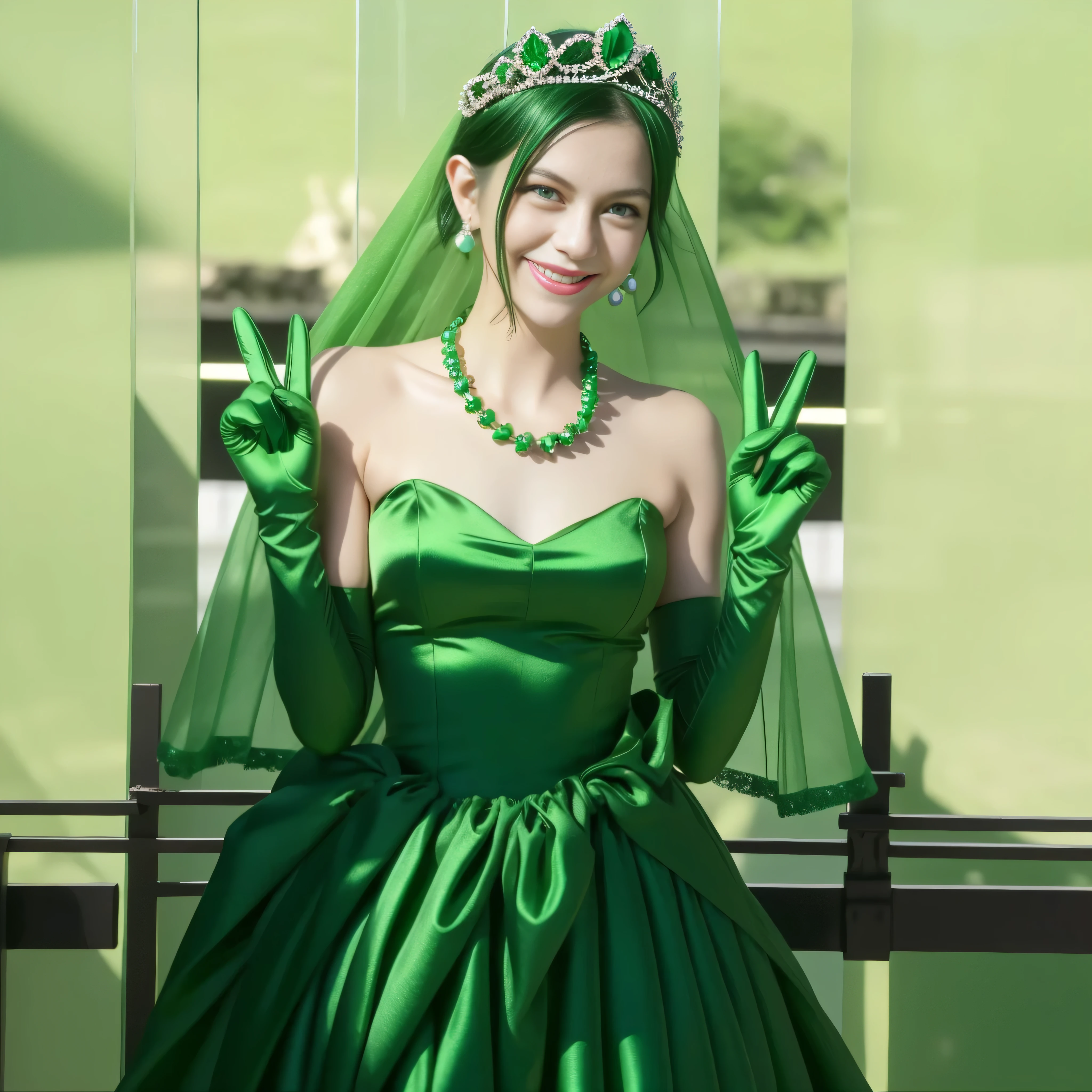 Emerald tiara, Green Pearl Necklace, Boyish very short green hair, lipstick, Smiling Japanese woman, Very short hair, Big and beautiful, Green Eyes, Long green satin gloves, Green Eyes, v sign, Emerald Earrings, Green veil