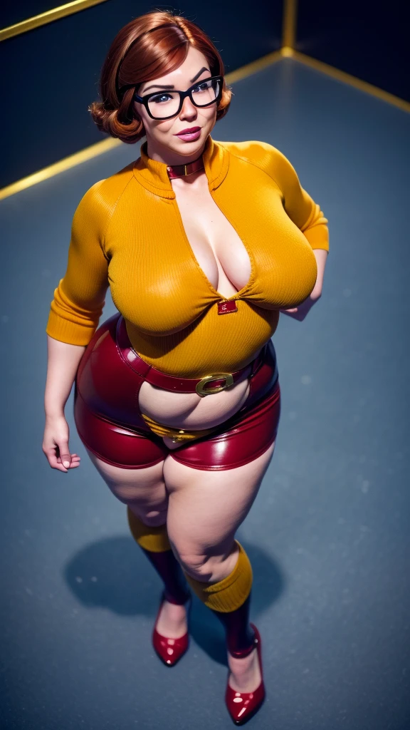 ((masterpiece, best quality, ultra-detailed, ultra-HD, photorealistic, cinematic)), (wide camera shot, full body view:1.5), (sensual pose, standing), (alluring and voluptuous female as Velma Dinkley:1.2), perfect anatomy, perfect face, proportioned hands, (deep shade of auburn with a slight natural wave hair color, chin-length bob with blunt bangs hairstyle:1.3), (retro-chic style outfit, knee-length and Glossy enamel maroon swimsuit:1.2), (a matching maroon belt that cinches at her waist:1.2), (thick-framed black square glasses), (wears knee-high, mustard-yellow socks that peek out just above her brown, sensible lace-up shoes), (sports a delicate, gold pendant necklace), (vibrant orange cardigan slung over her shoulders), ((dynamic background)), (chubby:1.2),  Hyper_girl