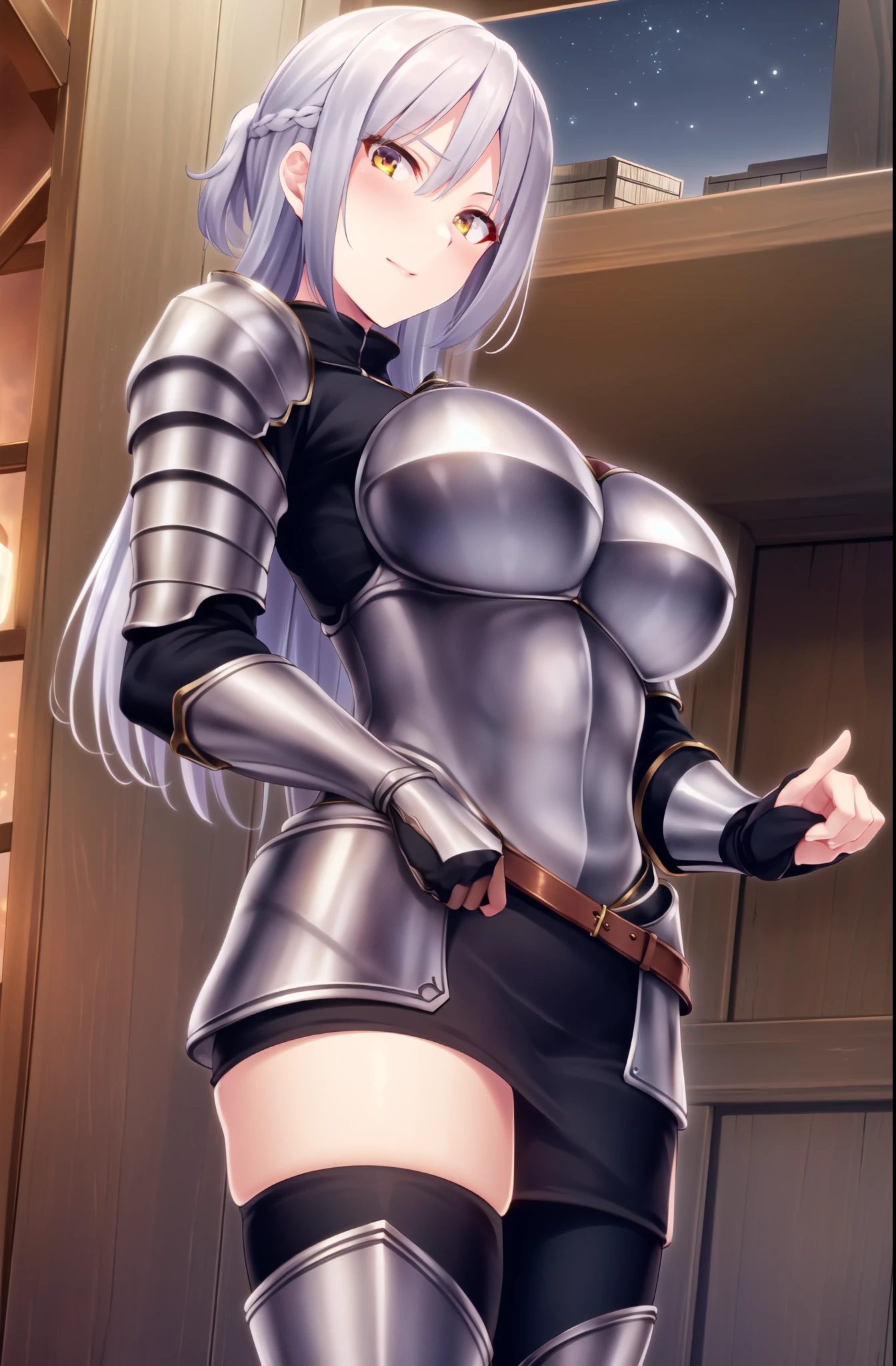 (Night:1.7), Japan, Tokyo, CityView, Before Window,
Standing at attention, gauntlet,
black skirt, ,armor,shoulder armor, armored dress, armored boots,
silver_hair,Long_hair,Bangs,Orange_eyes,braid,
1 girl, 20yo,mature female,Beautiful Finger,Beautiful long legs,Beautiful body,Beautiful Nose,Beautiful character design, perfect eyes, perfect face,
looking at viewer, in the center of the image,
NSFW,official art,extremely detailed CG unity 8k wallpaper, perfect lighting,Colorful, Bright_Front_face_Lighting,
(masterpiece:1.0),(best_quality:1.0), ultra high res,4K,ultra-detailed,
photography, 8K, HDR, highres, absurdres:1.2, Kodak portra 400, film grain, blurry background, bokeh:1.2, lens flare, (vibrant_color:1.2)
(Beautiful,large_Breasts:1.4), (beautiful_face:1.5),(narrow_waist),