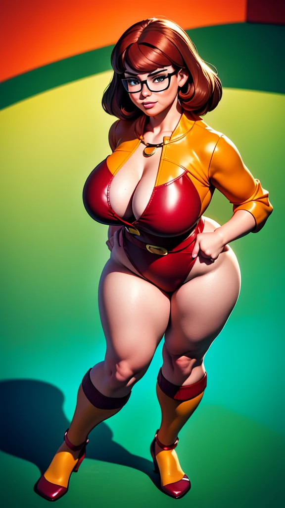 ((masterpiece, best quality, ultra-detailed, ultra-HD, photorealistic, cinematic)), (wide camera shot, full body view:1.5), (sensual pose, standing), (alluring and voluptuous female as Velma Dinkley:1.2), perfect anatomy, perfect face, proportioned hands, (deep shade of auburn with a slight natural wave hair color, chin-length bob with blunt bangs hairstyle:1.3), (retro-chic style outfit, knee-length and Glossy enamel maroon swimsuit:1.2), (a matching maroon belt that cinches at her waist:1.2), (thick-framed black square glasses), (wears knee-high, mustard-yellow socks that peek out just above her brown, sensible lace-up shoes), (sports a delicate, gold pendant necklace), (vibrant orange cardigan slung over her shoulders), ((dynamic background)), (chubby:1.2),  Hyper_girl