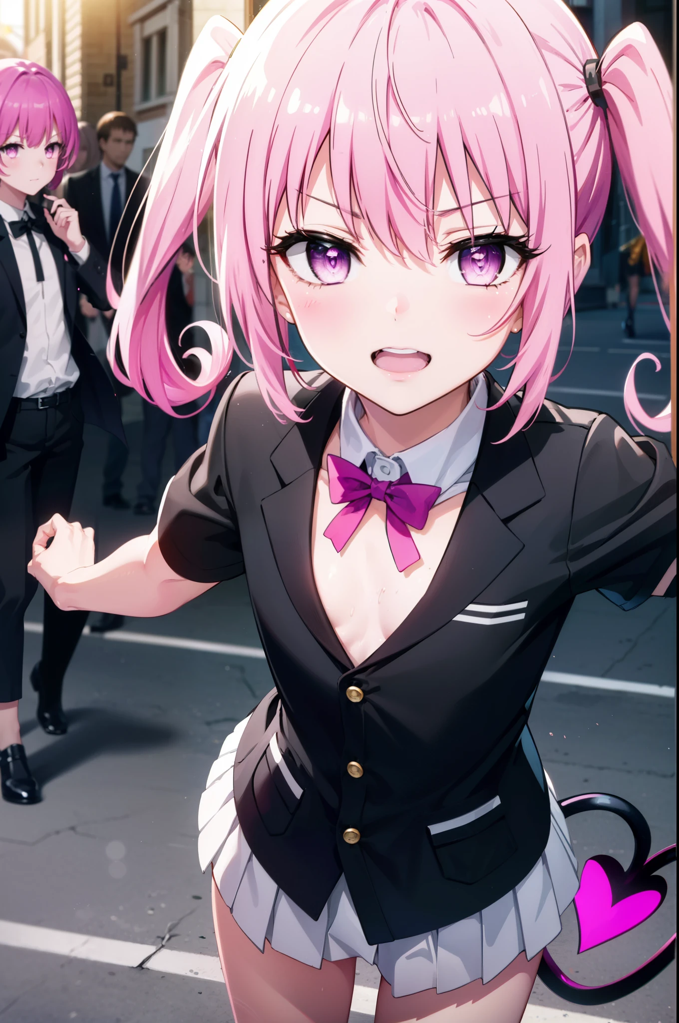 Nana Devil,  That Deviluke, tooth, Long Hair, (Pink Eyes:1.5), Pink Hair, tail, twintails, (Flat Chest:1.2),tail,happy smile, smile, Open your mouth,
break demon tail,  Short sleeve,OL, 黒のvinegarーツのジャケット, Collared jacket, 白いドレvinegarシャツ, Collared shirt, Neckline, button, vinegar, 黒のペンシルvinegarカート, 黒パンティvinegarトッキング, Stiletto heels,morning,morning陽,The sun is rising,whole bodyがイラvinegarトに入るように,
break outdoors, In town,Building district,
break looking at viewer, whole body,
break (masterpiece:1.2), highest quality, High resolution, unity 8k wallpaper, (figure:0.8), (beautiful detailed eyes:1.6), extremely detailed face, Perfect lighting, extremely detailed CG, (Perfect hands, Perfect Anatomy),