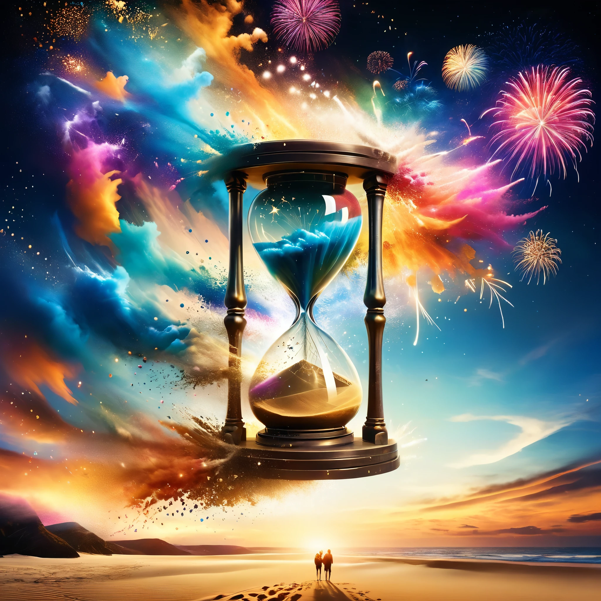 A colossal hourglass in the sky, its sands replaced by 3D fireworks that cascade down, painting the heavens with vibrant bursts of color and light, as if time itself dances in celebration.