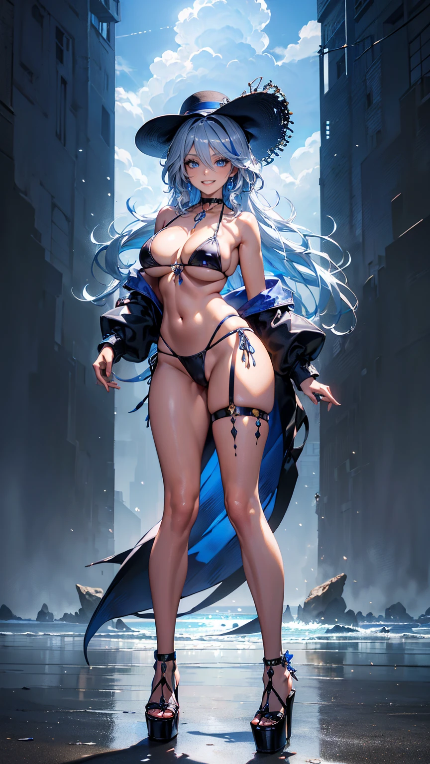 ((masterpiece, high resolution, better quality, better details)), (anime), one woman on the beach standing, ((toothy smile)), ((royal blue micro bikini with black details)), ((thong bikini)), cleavage, platform high heels, black neck choker, large straw hat, white hair with blue highlights, shiny skin, ((slender body)), front view, beach landscape,
