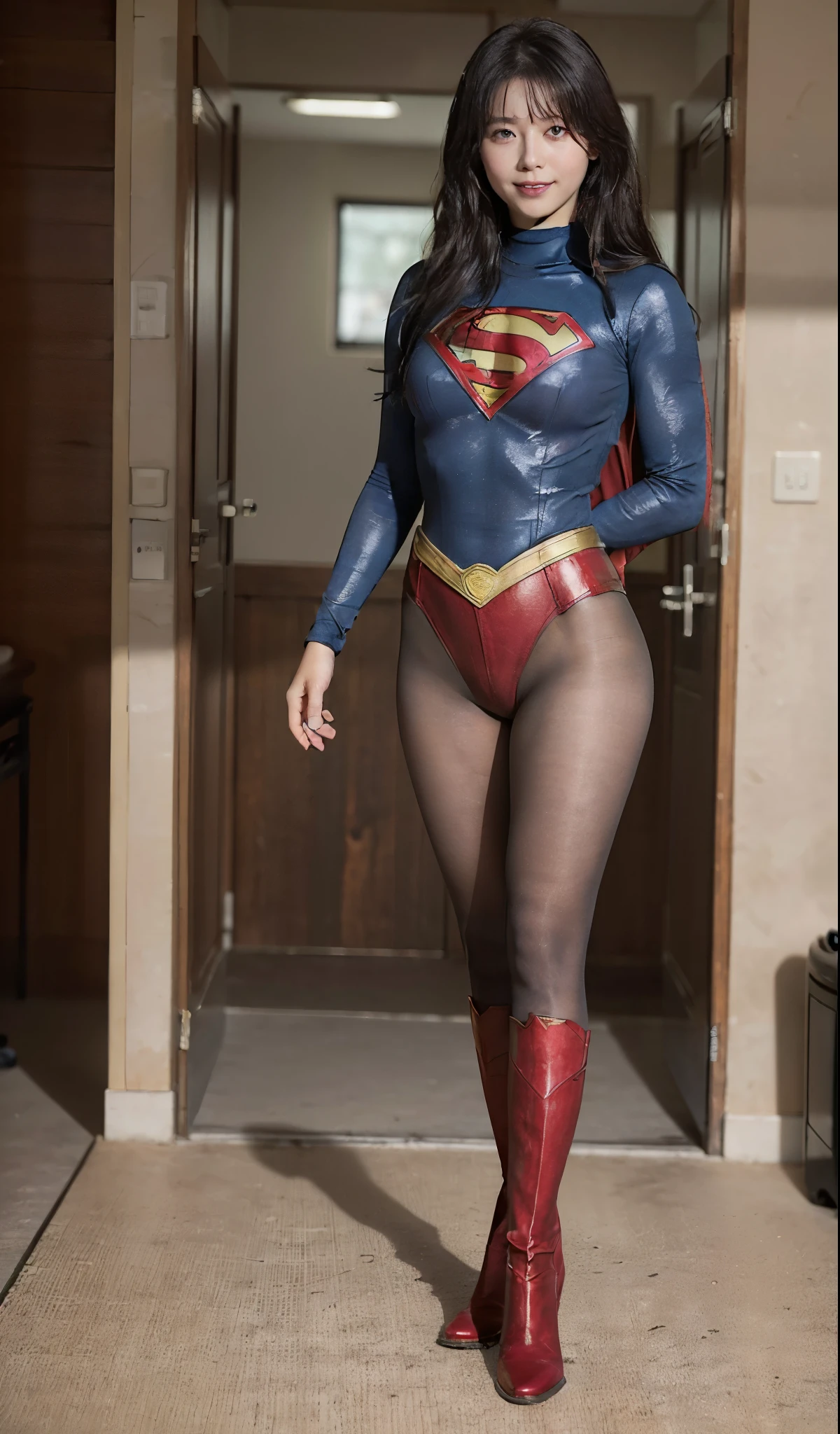 No background、(((Beautiful legs in black tights.)))、(((Legally express the beauty of your smile)))、((((Make the most of your original images)))、(((Supergirl Costume)))、(((ボディにフィットしたSupergirl Costume)))、(((Beautiful Hair)))、(((Smiles and winks)))、(((Please wear black tights....、Wear red boots)))、((Best image quality、8k))、((highest quality、8k、masterpiece:1.3))、(((Preserve background )))、Sharp focus:1.2、Beautiful woman with perfect figure:1.4、Slim Abs:1.2、Wet body:1.5、Highly detailed face and skin texture、8k