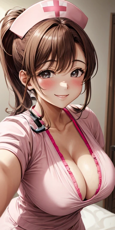 (Best quality:1.3), brown ponytail, large breasts, cleavage, nurse outfit, smiling, (pov, close shot),show NSFW,pink bra