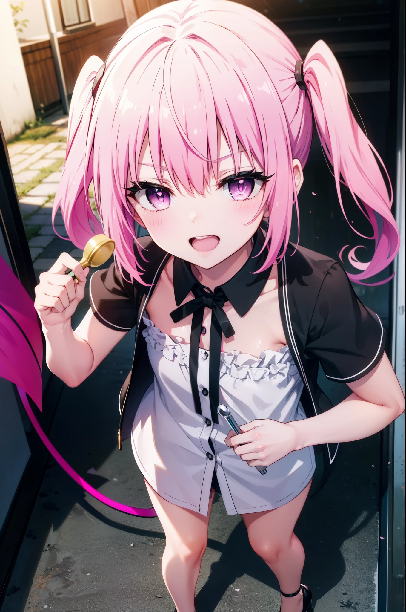 Nana Devil,  That Deviluke, tooth, Long Hair, (Pink Eyes:1.5), Pink Hair, tail, twintails, (Flat Chest:1.2),tail,happy smile, smile, Open your mouth,
break demon tail,  Short sleeve,OL, 黒のvinegarーツのジャケット, Collared jacket, 白いドレvinegarシャツ, Collared shirt, Neckline, button, vinegar, 黒のペンシルvinegarカート, 黒パンティvinegarトッキング, Stiletto heels,morning,morning陽,The sun is rising,whole bodyがイラvinegarトに入るように,
break outdoors, In town,Building district,
break looking at viewer, whole body,
break (masterpiece:1.2), highest quality, High resolution, unity 8k wallpaper, (figure:0.8), (beautiful detailed eyes:1.6), extremely detailed face, Perfect lighting, extremely detailed CG, (Perfect hands, Perfect Anatomy),