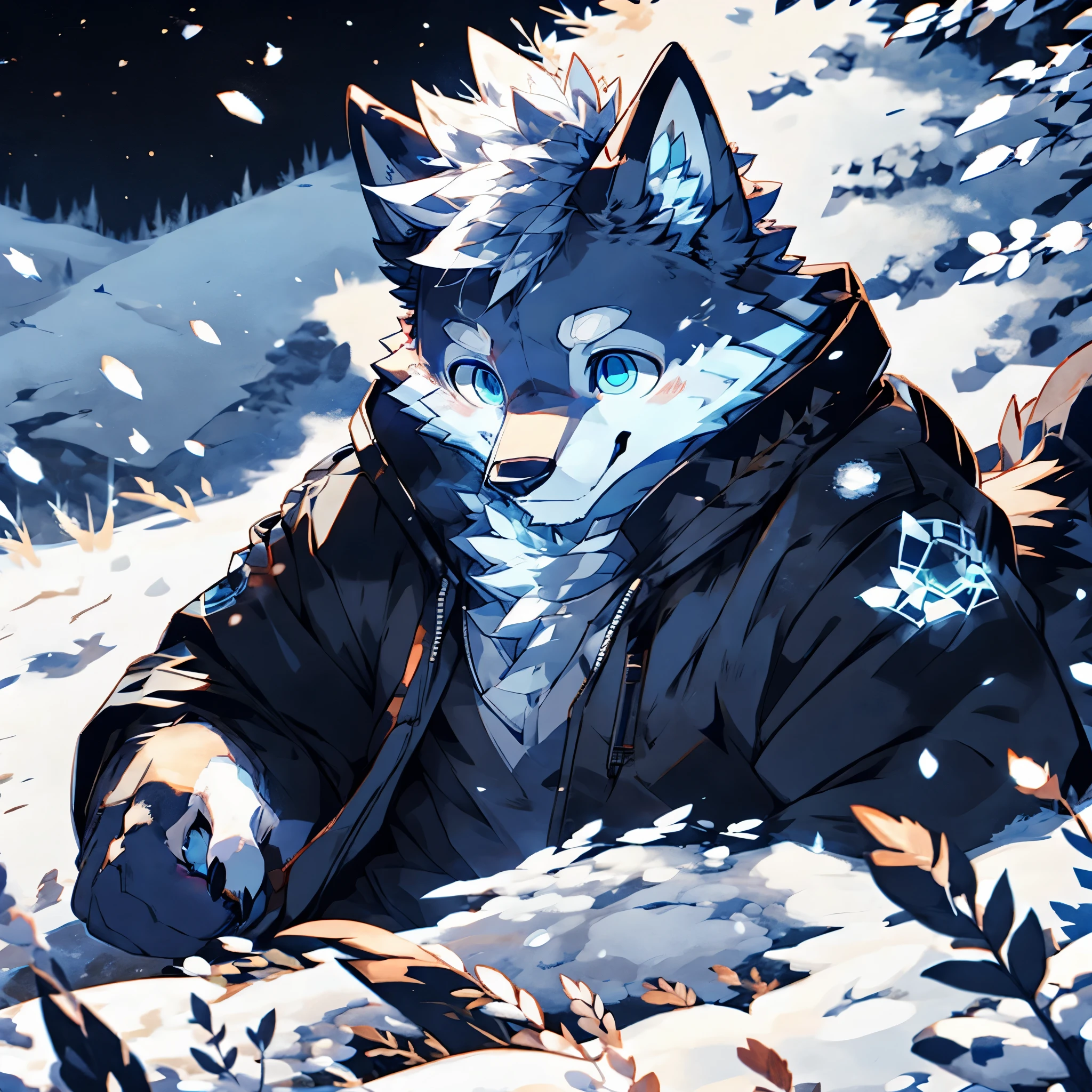 masterpiece,High quality,furry,wolf,bule fur,light blue eye,male,One person,snow field,joyful, hooded jacket,lie down,