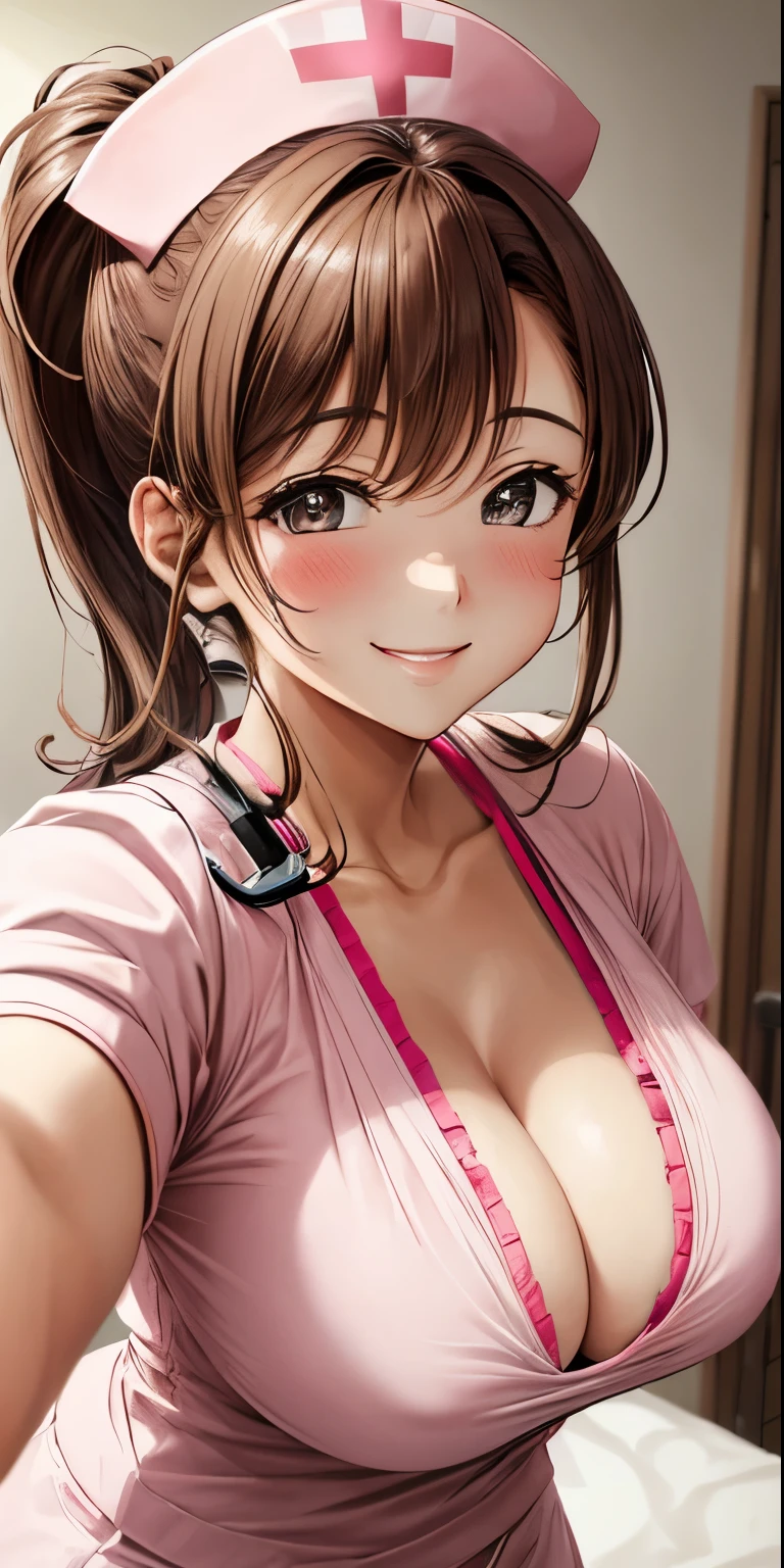 (Best quality:1.3), brown ponytail, large breasts, cleavage, nurse outfit, smiling, (pov, close shot),show NSFW,pink bra