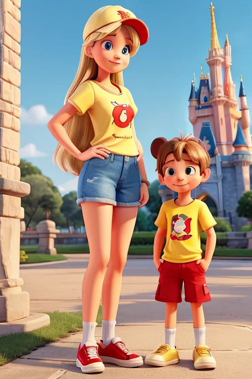 mother and son with the Cinderella Castle on the background. The mother is Blond, straight and long hair without bangs, mid-aged, thin eyebrow, red lips, wearing a yellow shirt with a princess on it, and denim shorts. The son is 6 , short and brown hair, wearing a yellow shirt with Mickey Mouse on it, red shorts and a cap with Mickey ears