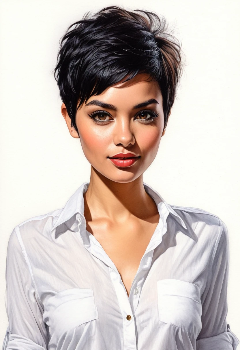 Portrait of a young woman, full sticker view of a full body image of a beautiful young woman, very detailed beautiful face, short pixie-cut, black hair color freedom, splash of color, white background blank canvas, soul, digital illustration, approaching perfection, dynamic, highly detailed, watercolor painting, artstation, concept art, soft, soft, sharp focus, illustration in the style of artists such as Russ Mills, Sakimichan, Wlop, Loish, Artgerm, Darek Zabrocki, Jean-Baptiste Monge, 32k Ultra HD, high quality model,