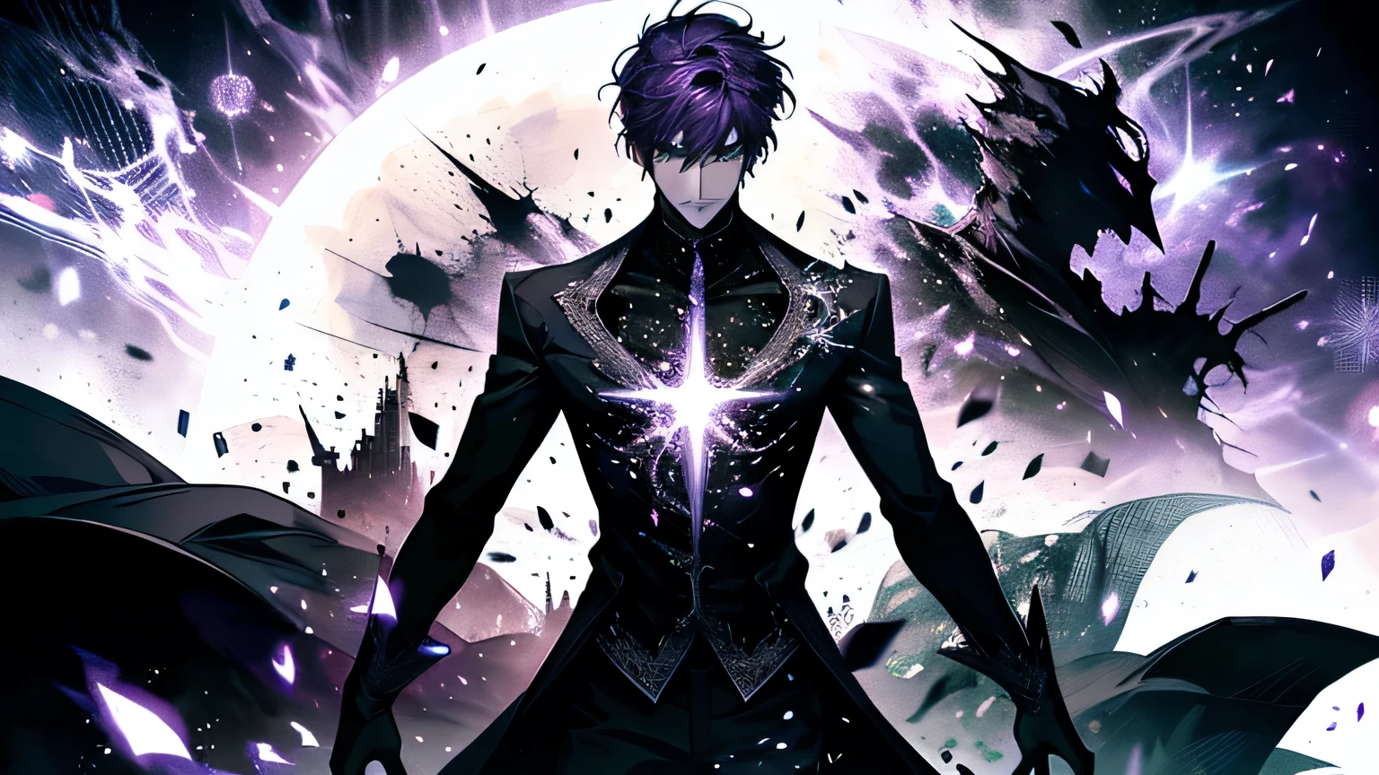 alone, male, masterpiece, High resolution, short hair, Purple Hair, Green Eyes, Black and white shirt, magician, Magic Particles, entropy