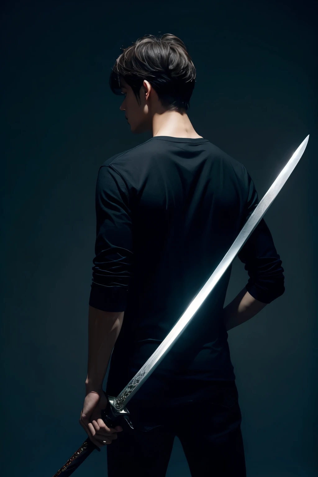 Man holding sword he has his back turned. Black shirt