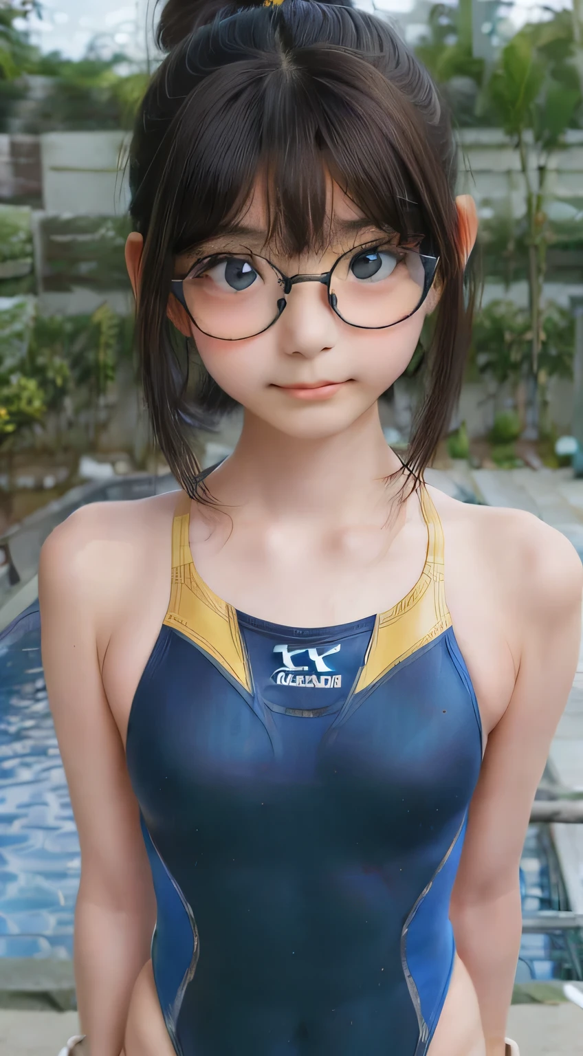 highest quality, RAW Photos, Realistic, face, Incredibly beautiful girl, cute, Long Hair,ponytail，Glasses，Written boundary depth, High resolution, Super detailed, detailed, Very detaileded, extremely detaileded eye and face, Sharp pupils, Realistic students, Sharp focus, Cinema Lighting, Japanese, Short women,  Physical build, Short arms, Long, narrow eyes, Fleeting atmosphere, 30 years old, Brown bob hair, ((thin lips)), White top and bottom underwear, Masterpiece, highest quality, Detailed skin, Detailed face, Fine grain, 8k, Excellent anatomy, Upper body portrait，flat breasts, small breasts, small,( small bust: 1.2), small bust, (slim, small, flat, small), thin, Delicate and sexy collarbone, One Girl, (Beautiful girl, Delicate girl:1.3), ( years old:1.3),
break, (One piece swimsuit, Swimsuit:1.2),
break, (Pool:1.3),
break, Very beautiful eyes, (Symmetrical eyes:1.3),
break, , Brown eyes, Parted bangs, Brown Hair, (Upper teeth, The best smile:0.2),
break, (Eyes and face detail:1.0),
break, (masterpiece, highest quality, Super detailed, Detailed face, 8k)