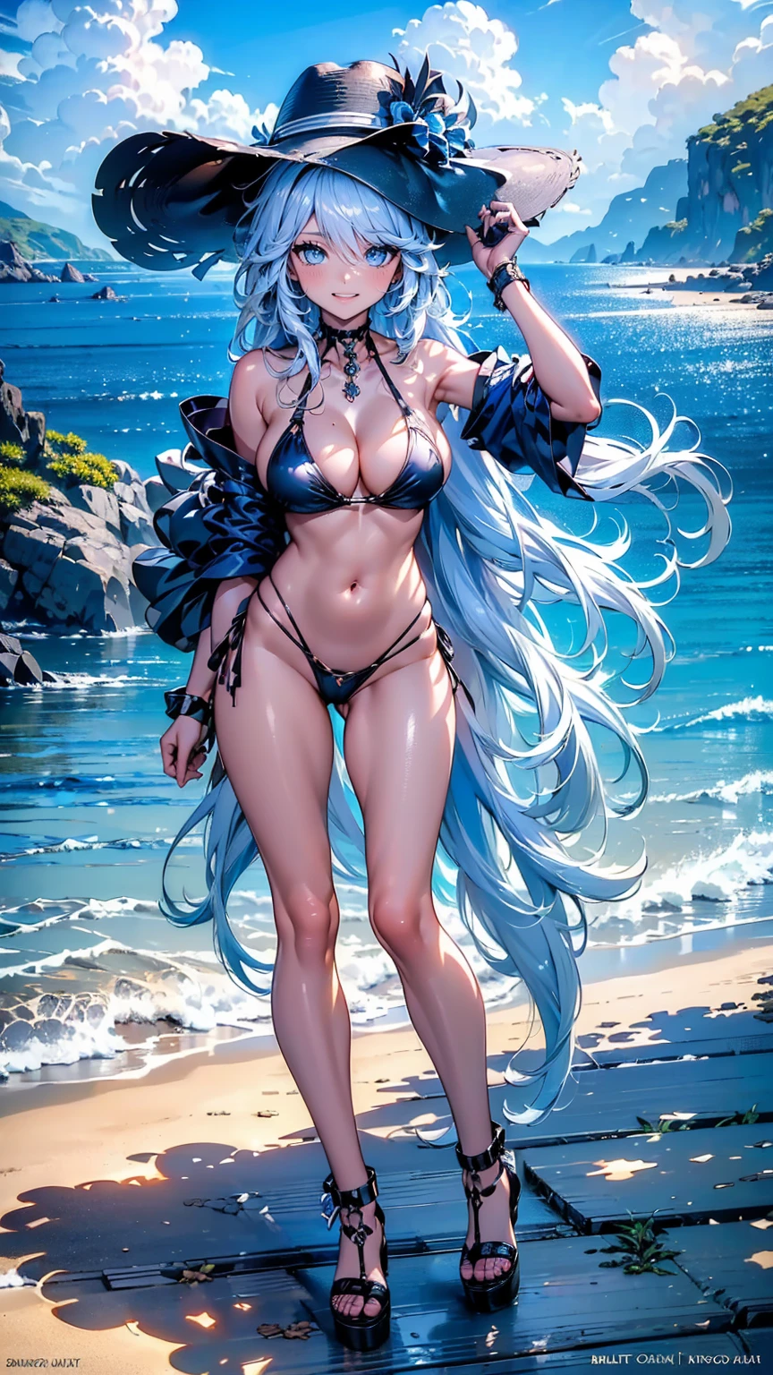 ((masterpiece, high resolution, better quality, better details)), (anime), one woman on the beach standing, ((toothy smile)), ((royal blue micro bikini with black details)), ((thong bikini)), cleavage, platform high heels, black neck choker, large straw hat, white hair with blue highlights, shiny skin, ((slender body)), front view, beach landscape,