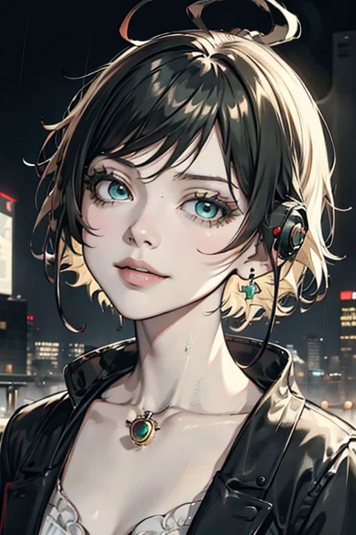 ((masutepiece)), 1girl in, Solo Focus, Tall lady, a smile、Wearing headphones on your neck、Short hair, multicolored hair, Green eyes, Eye-like gemstones, medium breasts, Black coat, White shirt, Accessories, City Background, Futuristic city, Night, Rain, Moody,