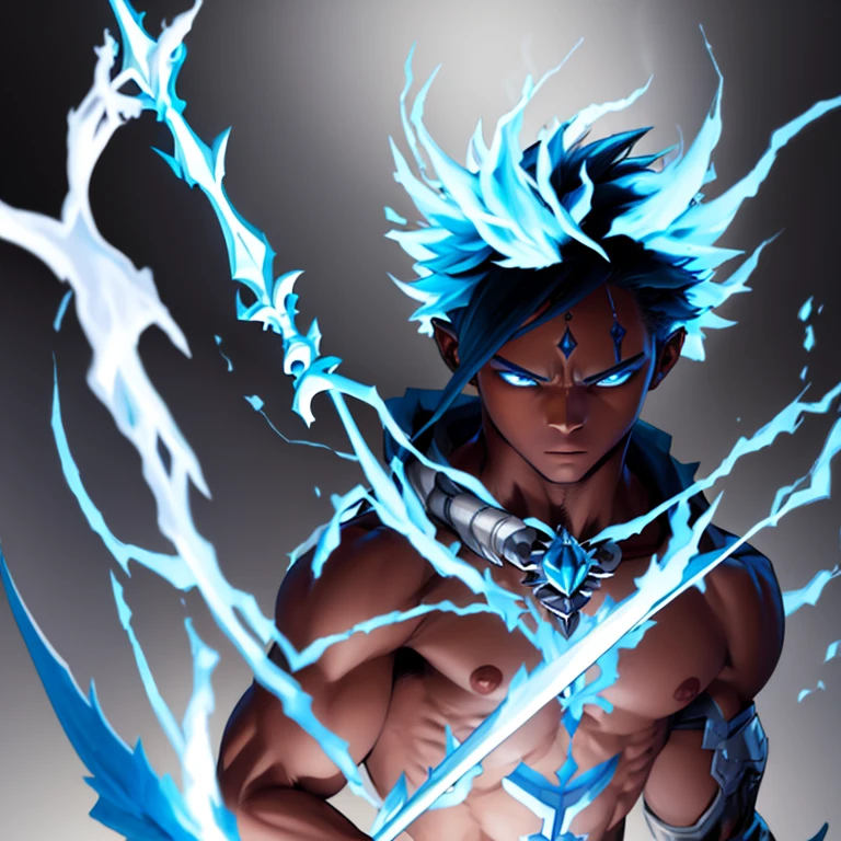 Create a hybrid boy of the angel and minotaur race with black skin color, usando magias de gelo e raio, com olhos de cor azul e vermelho, com cabelos crespos de cor branco, using a spear as your main weapon