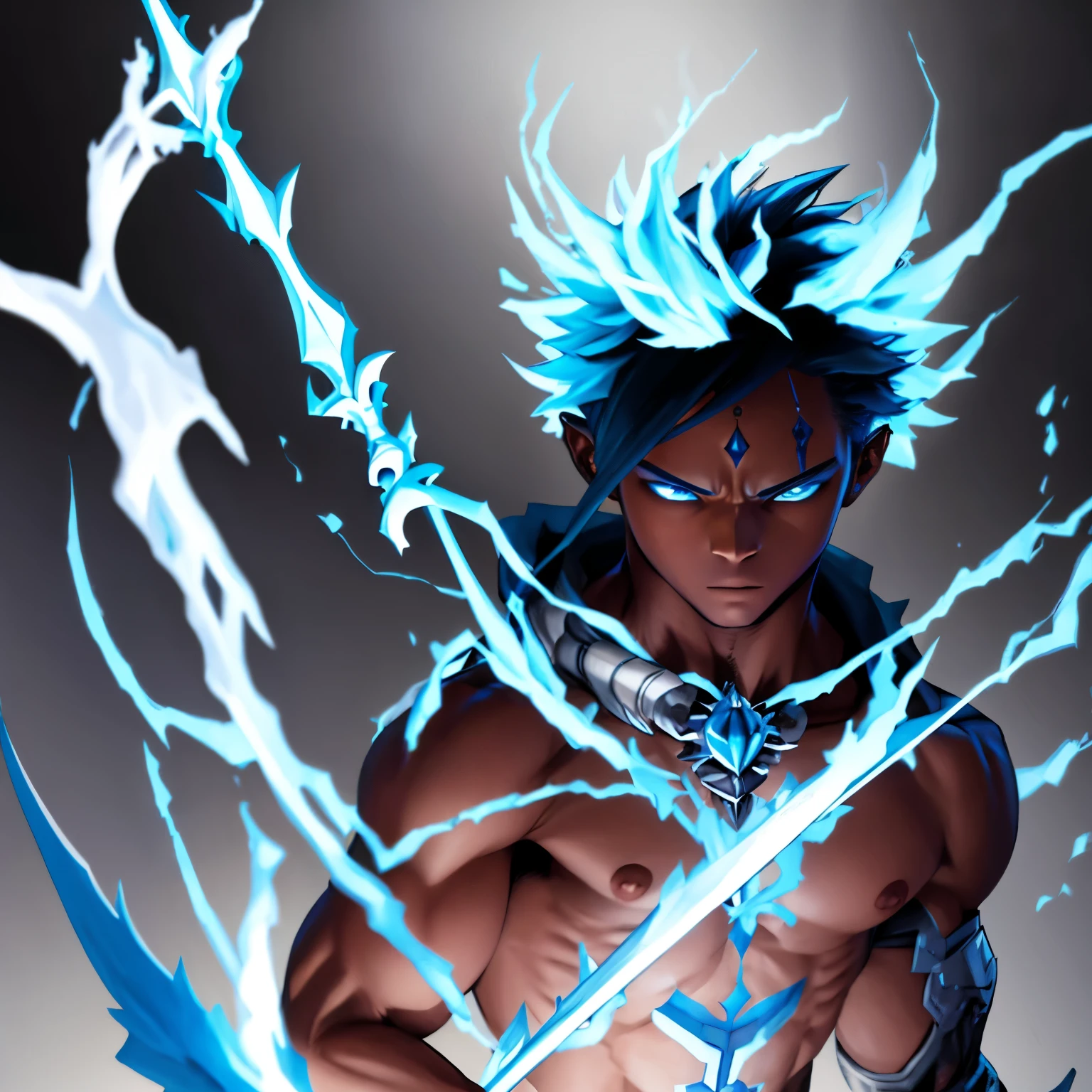 Create a hybrid boy of the angel and minotaur race with black skin color, usando magias de gelo e raio, com olhos de cor azul e vermelho, com cabelos crespos de cor branco, using a spear as your main weapon 