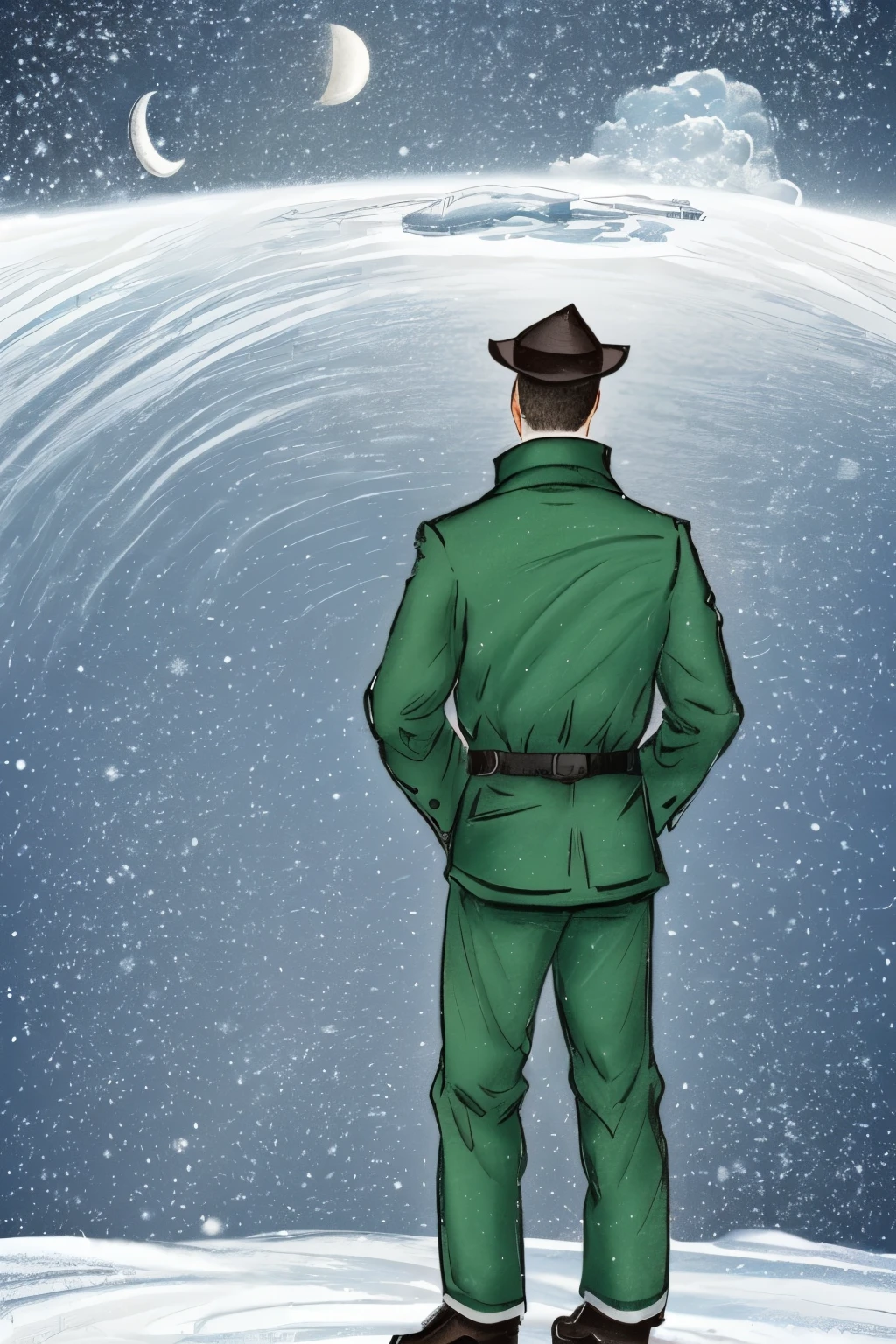 graphic,zen,illustrations,a man in a black jacket and green pants standing in the snow with his back to the camera and his hat on