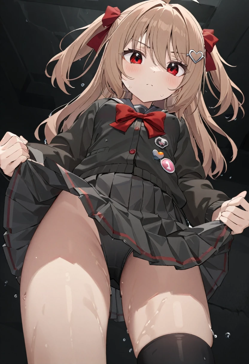 1girl, evil neuro-sama, (yuzu modoki), red eyes, light brown hair, ahoge, two side up, hair ribbon, dark red ribbon, heart hair ornament, black cardigan, open cardigan, black sailor collar, long sleeves, red bow, heart, button badge, star \(symbol\), drone, the number "1" on a badge, turtle, black skirt, pleated skirt, asymmetrical legwear, black thighhighs, black kneehighs, bandaid on knee, grey footwear, loafers, (masterpiece, best quality), highly detailed, finely detailed, wet, looking at viewer, covered nipples, from below, upskirt, skirt lift,