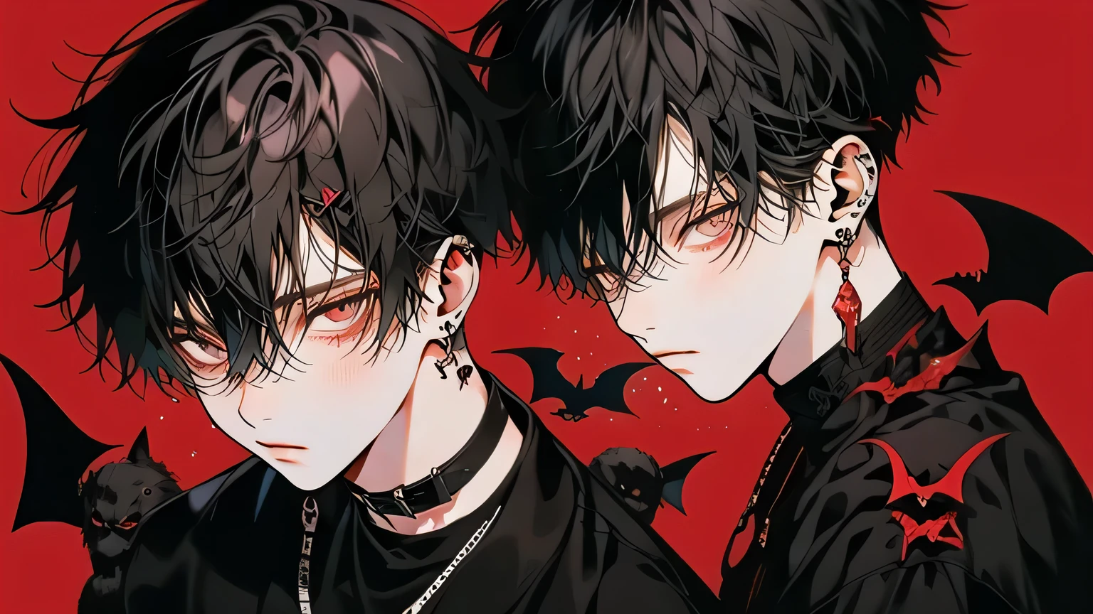 Black short hair,Red Eye,1 cool boy,Black clothes, Black hair and red background, Bats around, Lock