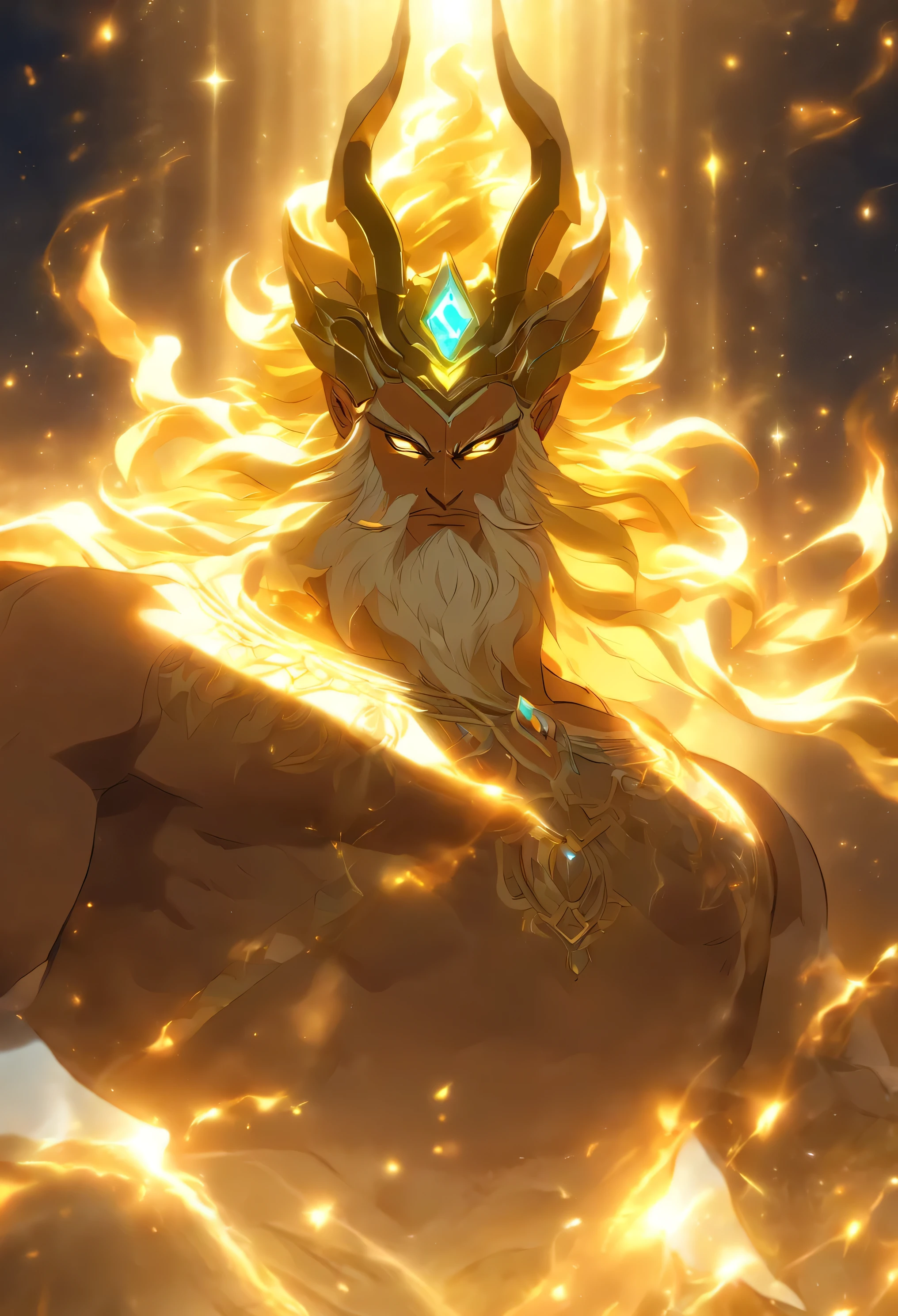 (((God of light))) best quality, ultra-high resolution, 4K detailed CG, masterpiece, Persian God, God of light,Cosmic Bull Persian clothing, Persian mythology, aesthetics, Beautiful image, centered on the screen, full body