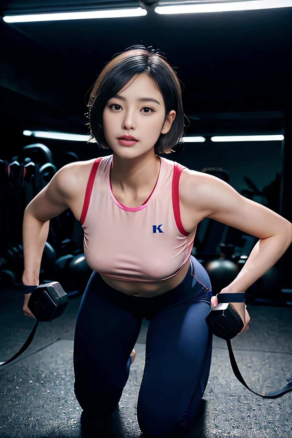 best quality, detailed, beautiful, insanely detailed, absurdres,perfect anatomy,
Japanese woman,black hair,27 years old,
(slender),
(small breasts),
boxing gym, serious look, (Scene of hitting a punching bag:1.2), hair bun, (light blue spats), white halter top, extreme long shot, dynamic angle