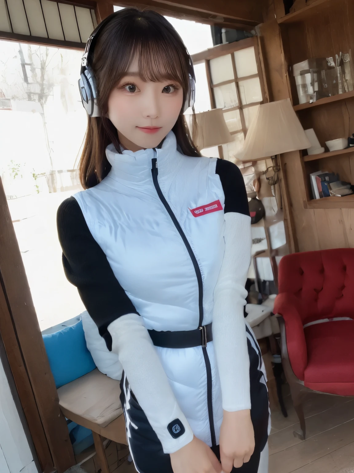 ((Detailed face, Professional photography)),
Ultra-high resolution, (Realistic: 1.4), RAW Photos, highest quality, (PhotoRealistic Stick), concentrate, Soft Light,masterpiece, highest quality, Very detailed, 8K,

BREAK
(arms behind back):5,(arms up behind):1,
(black sleeves):10,(black long tightfit sleeves)

BREAK
(headphone):10
(metallic gray astrovest),
(metallic luster  mirror finish astrovest):2,belt,

BREAK
blush:3,smile,look at viewer,(Blunt bangs),(black hair):2,(long hair):1.3
(drooping eyes),(Young Face),

BREAK
Portrait,(solo),1girl,(Caucasian):10,(android girl):1.4,Plump:0.7, 
((25 years old)), ((Japanese)), 

BREAK
(hidden hand):10,

BREAK
(Written boundary depth,futuristic space station,,space station,Bomi,neotech,bing_astronaut