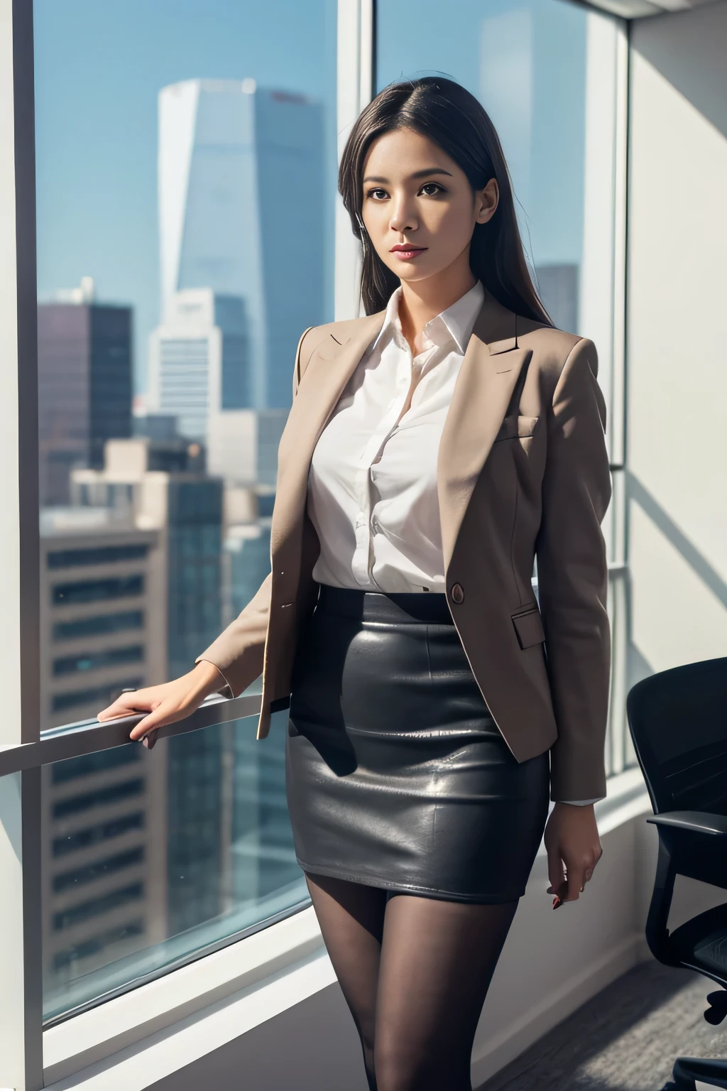 1 girlirl,(European model:1.3),31 years old,exquisite,Business womenswear,(jacket:1.1),(shirt:1.1),(Wrap skirt:1.1),jewelry,knitwear,,Skin tone stockings,goosebumps,goose-flesh,(fidelity:1.3),quality,(masterpiece:1.2),(fidelity:1.2),(best quality),(Skin details:1.3),(intricate details),drama,Ray tracing,photo,bathed in light and shadow,visual novel,The boss's office for a skyscraper,Window with city view,film grain,depth of field,High heel,full-body shot