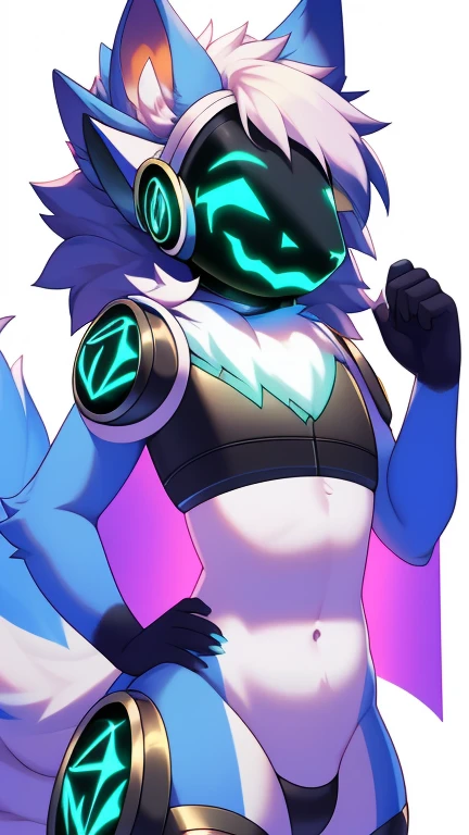 mejor calidad, Super detailed illustration, (fluffy protogen child:1.4) , rostro y cuerpo femenino, cabello grueso y despeinado, Equipo de aventurero,  cocky smile, ojos medio cerrados , Femboy, small waist, Caderas anchas, delgado, cuerpo perfecto, estilo no molestar