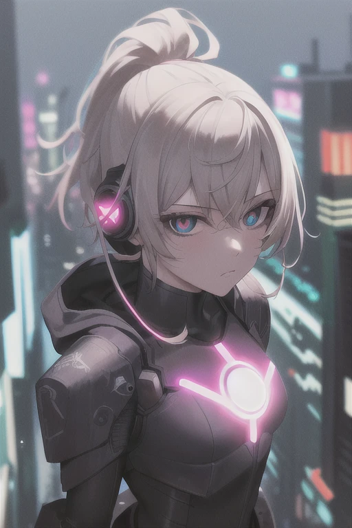 1girl, solo, city lights, (cyberpunk, cyberpunk style), from above,
 arlecchino(genshin impact), x-shaped pupils, black eyes, red pupils, white hair, 
bangs, headphones, breasts,
hoodie,
holding weapon, plasma sword,
cyborg, mechanical_bodysuit, bodysuit, science fiction,
mechanical arms,  mechanical eye,  one eye closed, 
mechanical parts, mechanical_suit, mechanical, white breastplate, armor, shoulder pads,
looking at viewer, staring,
photorealistic, cyberpunk city, (night, night city, dark), cyberpunk lights, streets, skyscraper,(neon lights, bright_lights, pink_lights, neon lights in background:1.3),, weird atmosphere, (best quality:1.1), (masterpiece:1.2), high quality shadow, beautiful detailed, (high detailed skin, skin details), (wide_landscape, 8k), beautiful face, detailed eyes, depth of field, dramatic light, best quality, highres, best shadow, best illumination,