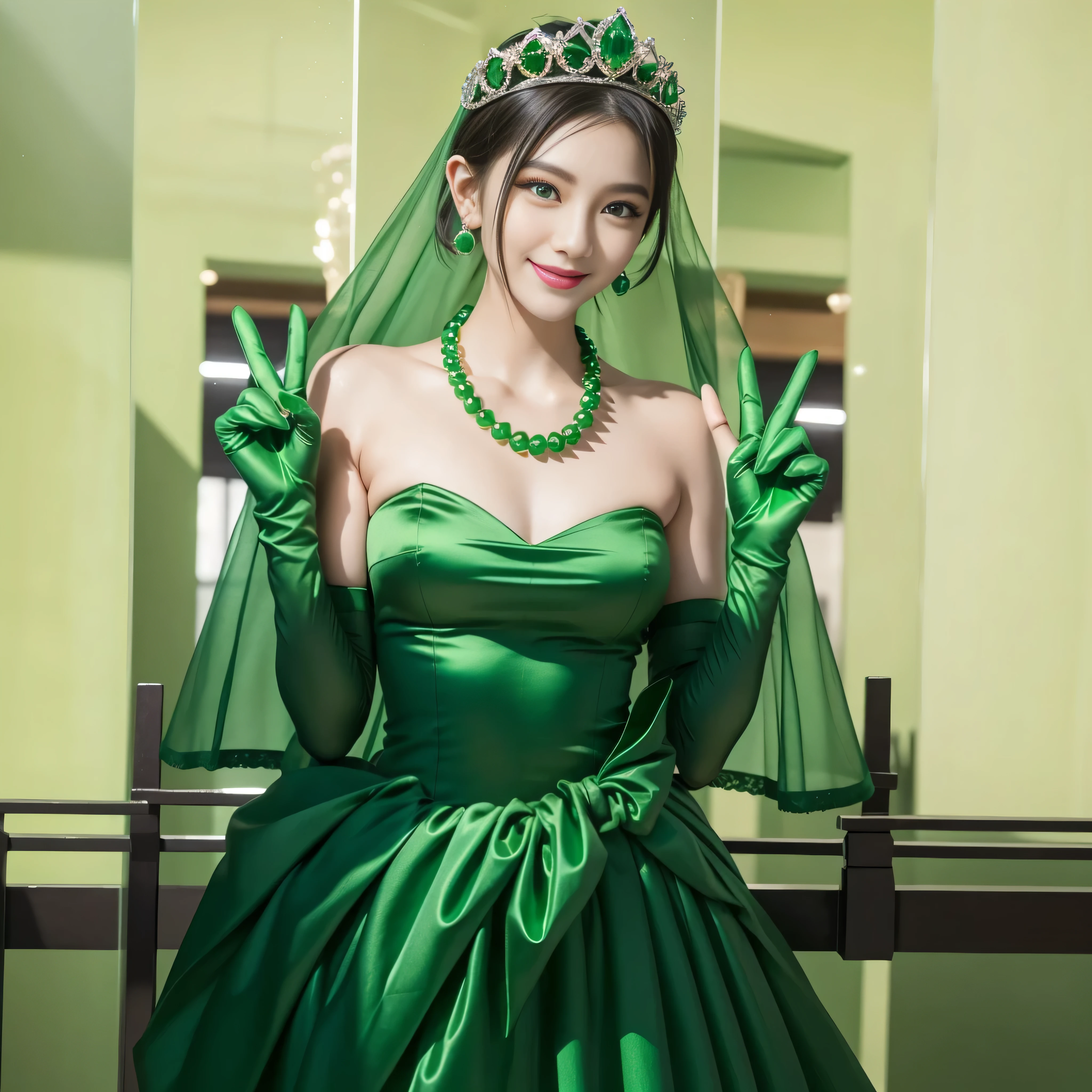 Emerald tiara, Green Pearl Necklace, Boyish very short green hair, lipstick, Smiling Japanese woman, Very short hair, Big and beautiful, Green Eyes, Long green satin gloves, Green Eyes, v sign, Emerald Earrings, Green veil