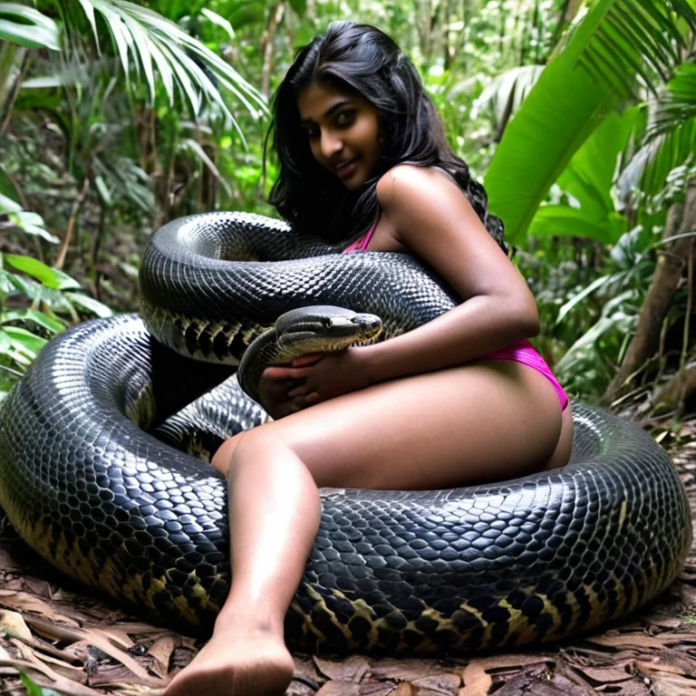 Topless pink thong wearing aroused horny beautiful happy indian girl vs Giant black anaconda monster wrapped around her body squeezing her in coiled embrace cuddling and kissing sexual erotic bestiality sex realistic in the rainforest full body, best quality wet