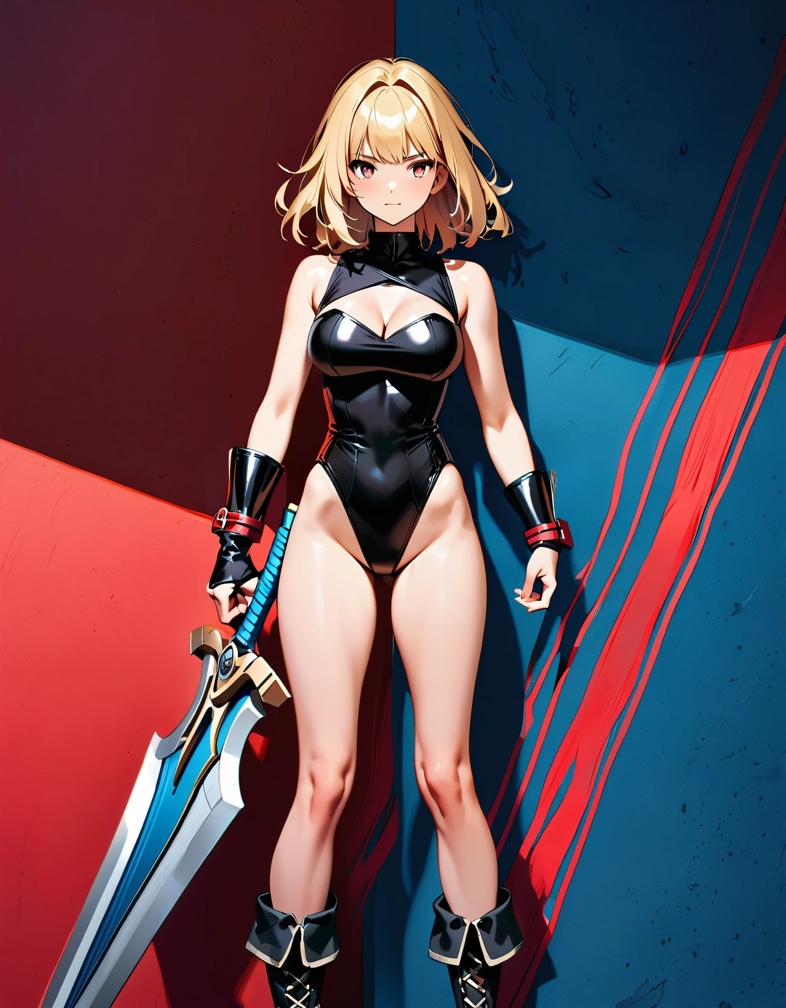 1girl, medium breasts, leotard, black leotard with red accents, sleeveless, midriff, bare legs, boots, matching boots, bracelets, mars backdrop, solo, single, standing, full body shot, cowboy shot, beautiful detailed eyes, blonde hair, medium hair, superhero, barbarian, using broad sword in hand