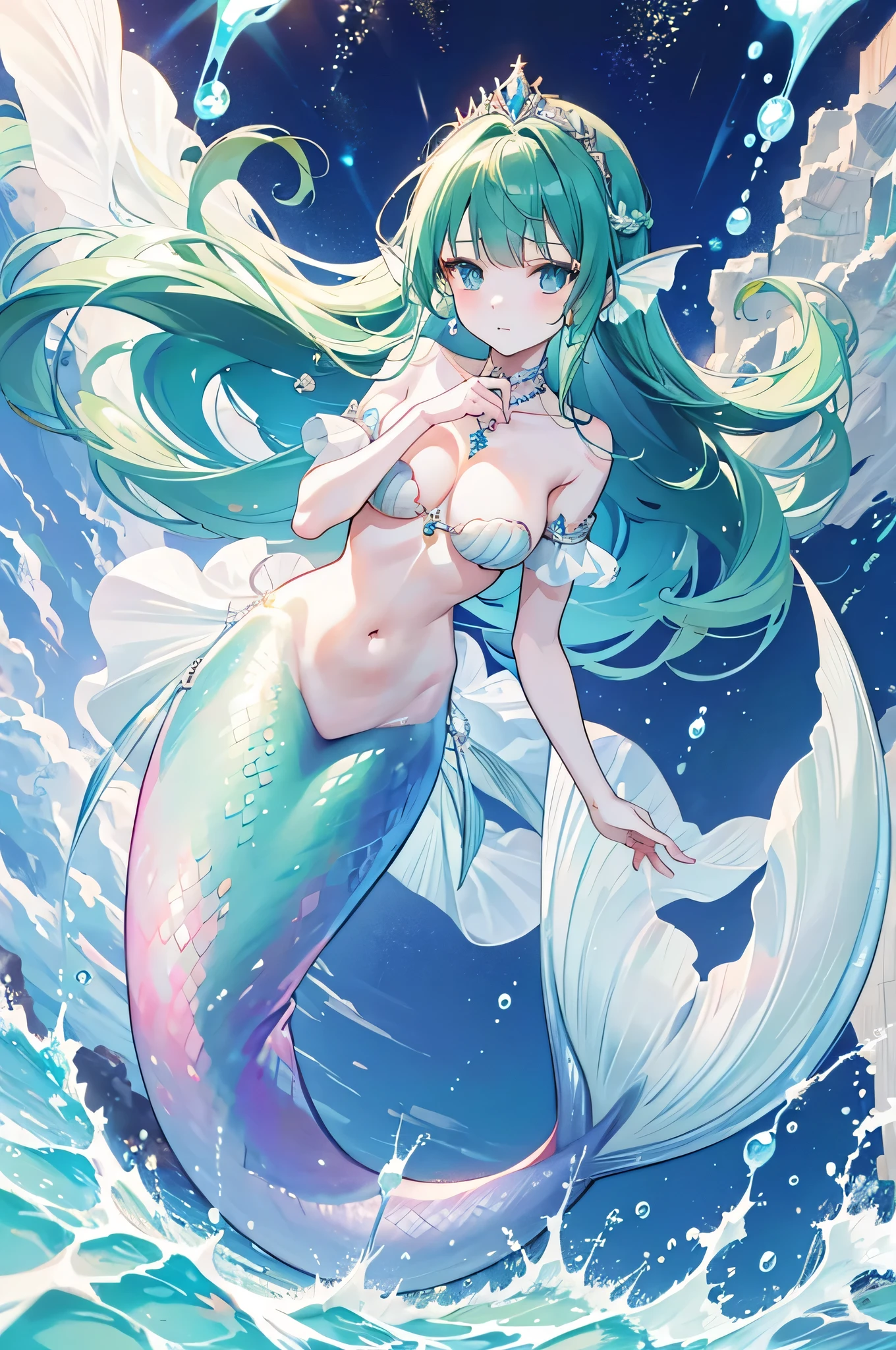 4k,High resolution,One Woman,mermaid,Green Hair,long hair,Braid,Blue Eyes,Big Breasts,The Little Mermaid,Seashell Bra,Princess Tiara,Jewelry decoration,Pearl decoration,In the water,Undersea Temple