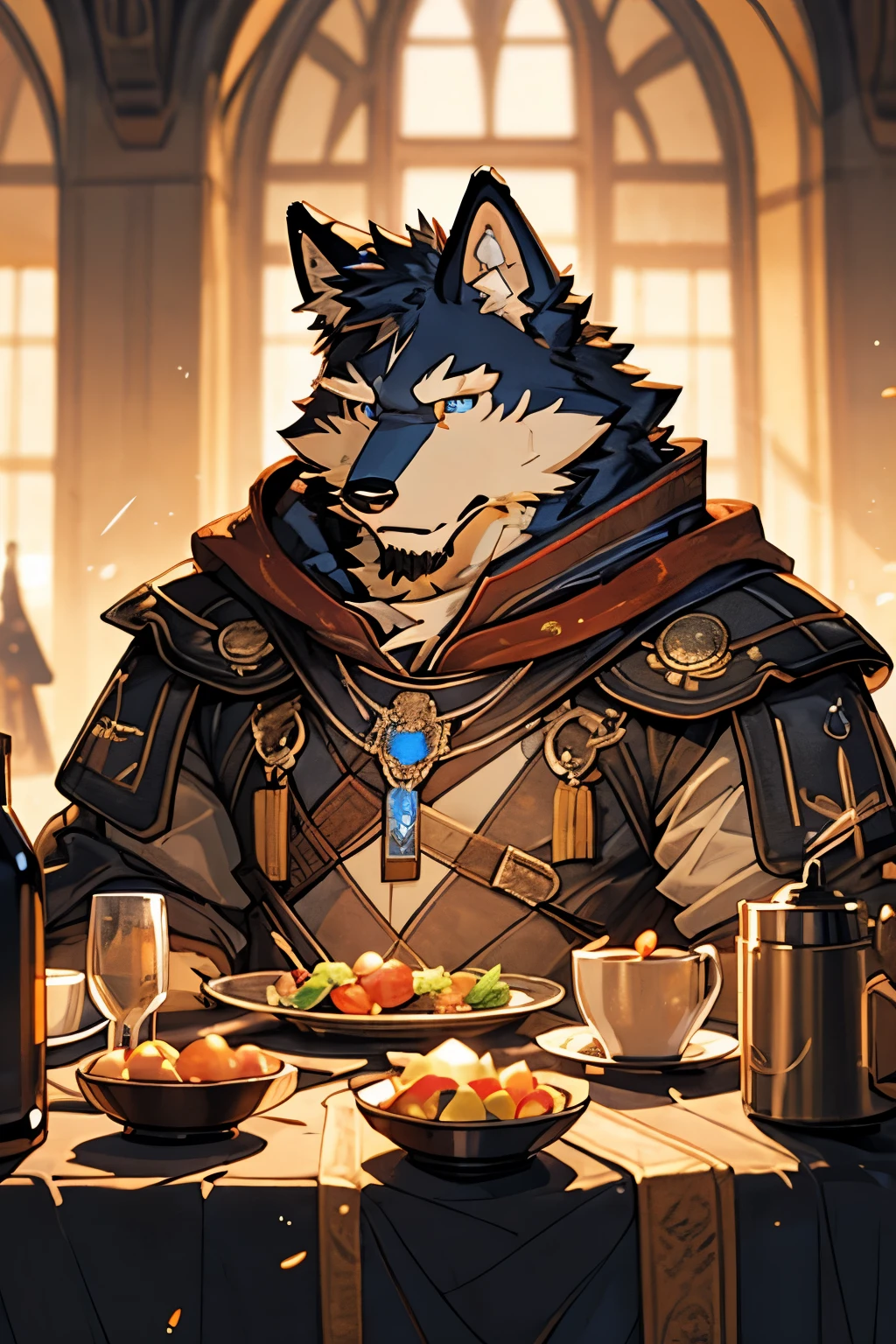 (((Super detailed & Perfect design,Ultra High Quality Jade Warlord Armor))), (((Medieval royal palace background landscape interior)))comics、Anthropomorphic Siberian Husky(best quality,high resolution),A sturdy grey wolf with blue eyes sits on a table,