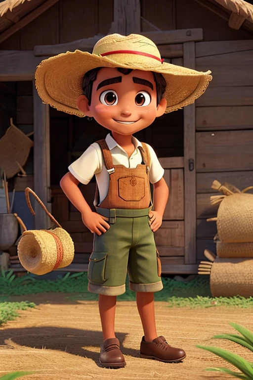 Brazilian hillbilly guy from the interior of Minas Gerais, with straw hat, typical rural costumes, suspenders, toothless, in a farm landscape
