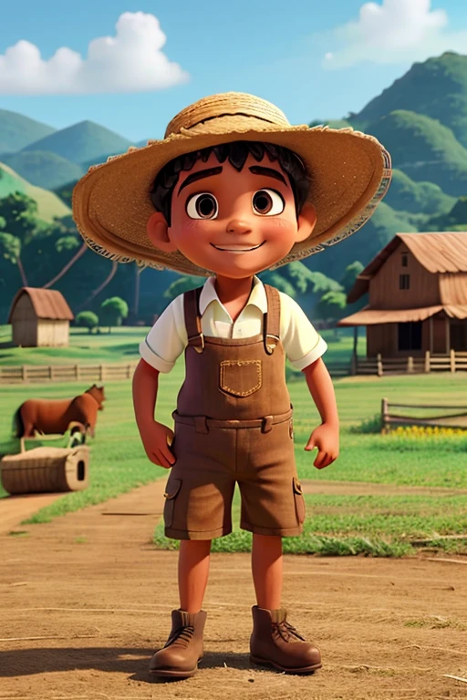 Brazilian hillbilly guy from the interior of Minas Gerais, with straw hat, typical rural costumes, suspenders, toothless, in a farm landscape