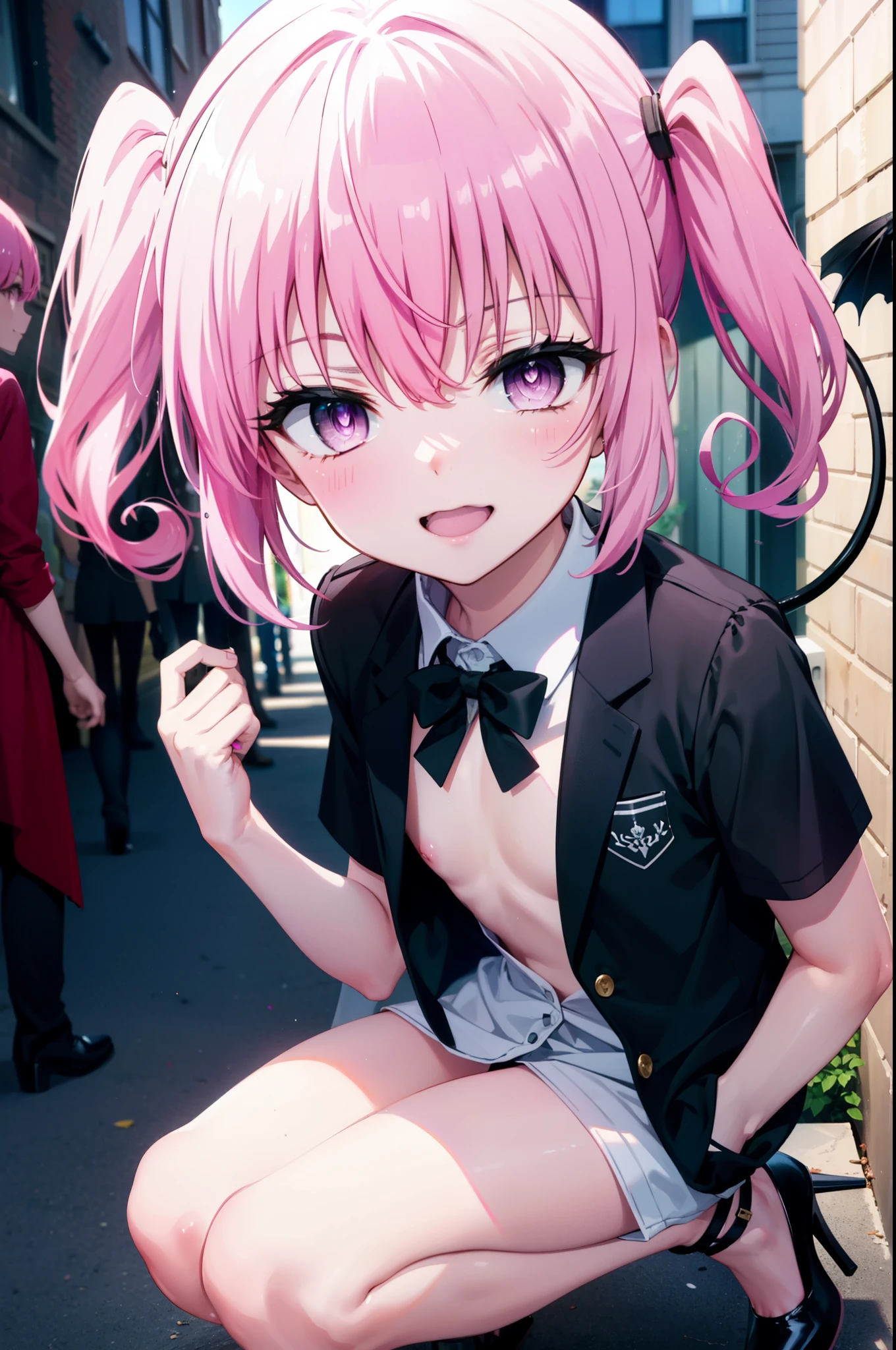 Nana Devil,  That Deviluke, tooth, Long Hair, (Pink Eyes:1.5), Pink Hair, tail, twintails, (Flat Chest:1.2),tail,happy smile, smile, Open your mouth,
break demon tail,  Short sleeve,OL, 黒のvinegarーツのジャケット, Collared jacket, 白いドレvinegarシャツ, Collared shirt, Neckline, button, vinegar, 黒のペンシルvinegarカート, 黒パンティvinegarトッキング, Stiletto heels,morning,morning陽,The sun is rising,whole bodyがイラvinegarトに入るように,
break outdoors, In town,Building district,
break looking at viewer, whole body,
break (masterpiece:1.2), highest quality, High resolution, unity 8k wallpaper, (figure:0.8), (beautiful detailed eyes:1.6), extremely detailed face, Perfect lighting, extremely detailed CG, (Perfect hands, Perfect Anatomy),