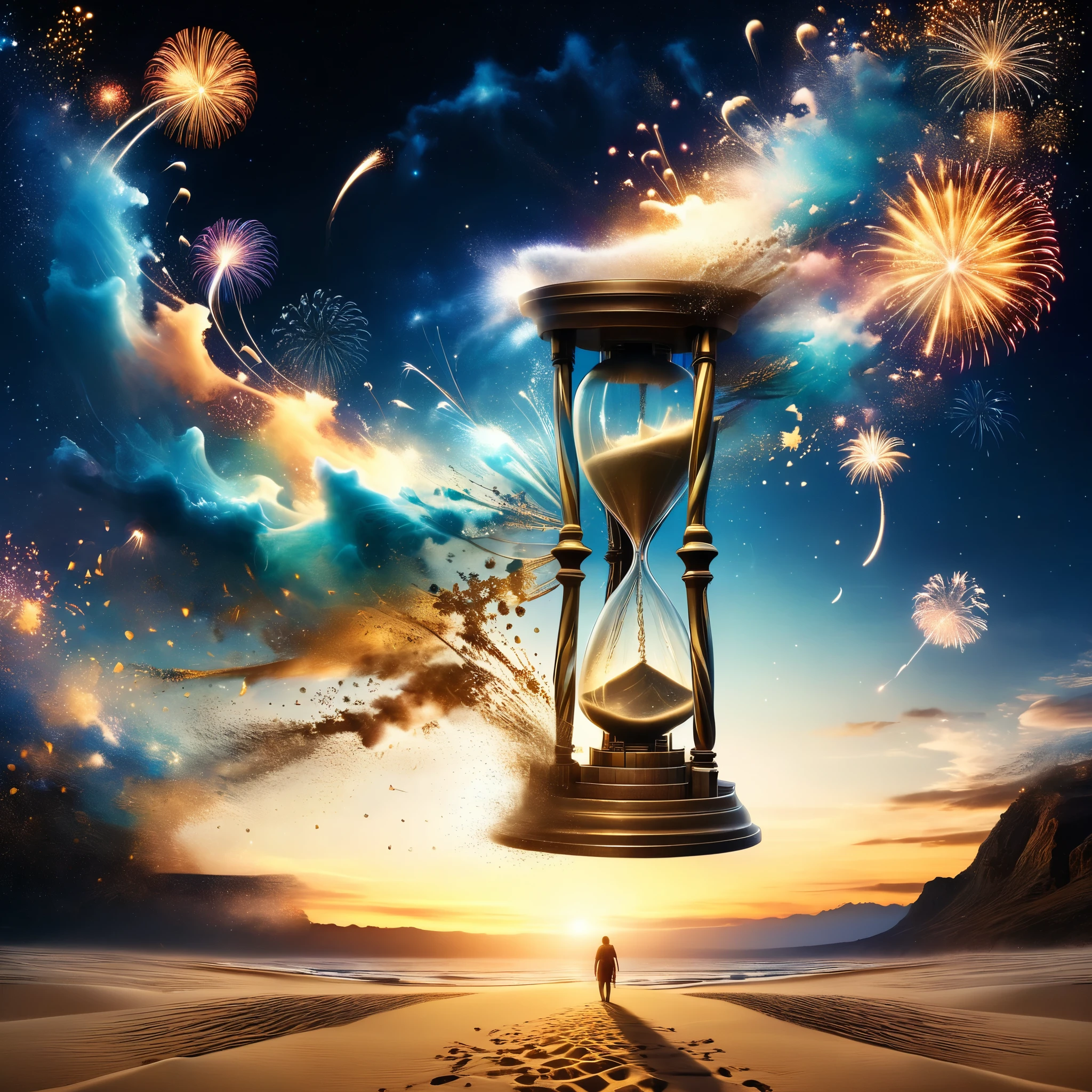 Picture a colossal hourglass in the sky, its sands replaced by 3D fireworks that cascade down, forming intricate patterns and mesmerizing displays against the backdrop of the infinite cosmos, a celestial symphony of light and motion.