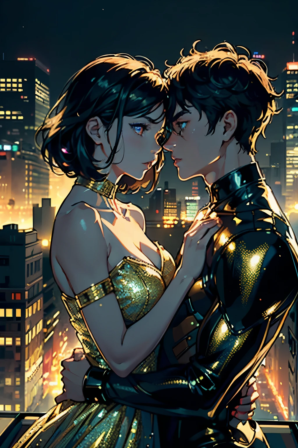 (Masterpiece), High Quality, 2 Characters, Sparkling Dress, Girl, Boy, Kiss, (Golden dress with broad shoulder pads, shimmering fabric), (Tall and muscular boy with messy hair), (Background: cityscape lit by neon lights), (Dynamic lighting, deep focus on the couple), (Close up shot, lips almost touching), (Intense, passionate), (Bold and beautiful), (Cinematic, dramatic), (Photorealistic, 8K Wallpaper, High resolution), (Extra detailed face, highly-detailed skin), (Eyes with beautiful details, intense gaze), (Physically-based rendering, award-winning), (