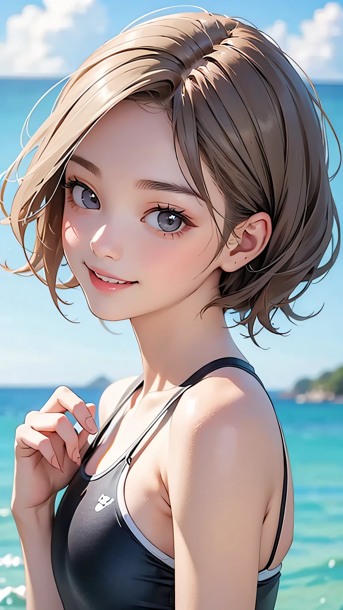 highest quality、Realistic、girl、Japanese、zoom、cute、Gray Eyes、Chestnut Hair、short hair、One piece swimsuit、Ocean、smile、