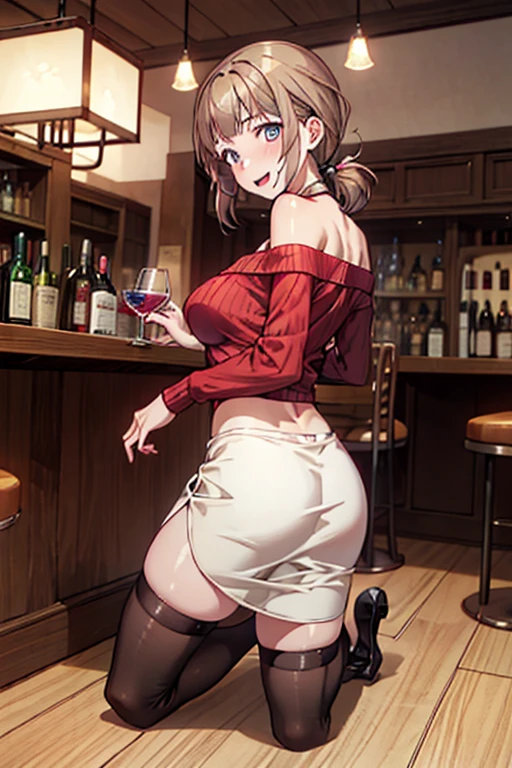 (from below:1.2),(from side:0.9), ((Face)), (Close-Up:0.4), masterpiece,"A 26-year-old girl stands at a bar counter. She is dressed in a stylish off-shoulder dress, sweater dress, off-shoulder sweater, red sweater,garter stocking, cleavage:1.1, midriff, black shorts, black thighhighs, thigh strap, pretty girl, (highly detailed beautiful face and eyes,firm breasts),real skin,((black,hair,long pony tail hair)),thin pubic hair,cute and lovely pose, detailed eyes, This masterpiece is only visually stunning but also tells,(double breasted:0.6,under bust:0.6),(with sparkling eyes and a contagious smile),open mouth. The bar is beautiful, with colorful bottles of alcohol in the background and a soft glow from neon lights. The atmosphere is relaxed, and the girl looks confident and fashionable.",full body, sexy pose,make a cocktail , in a bar counter, Looking at Viewer,