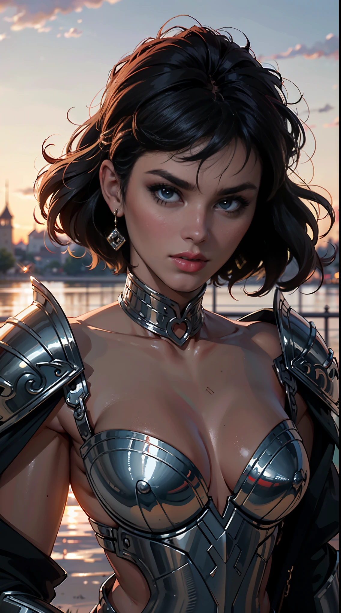 (masterpiece), (extremely intricate:1.3), (realistic), portrait of a muscular bodybuilder girl, ((medieval armor)), metal reflections, upper body, outdoors, intense sunlight, far away castle, professional photograph of a stunning woman detailed, (short undercut dark shaved hair, dynamic pose), sharp focus, dramatic, award winning, cinematic lighting, volumetrics dtx, (film grain, blurry background, blurry foreground, bokeh, depth of field, sunset, interaction, navyblue Perfectchainmail), 8K